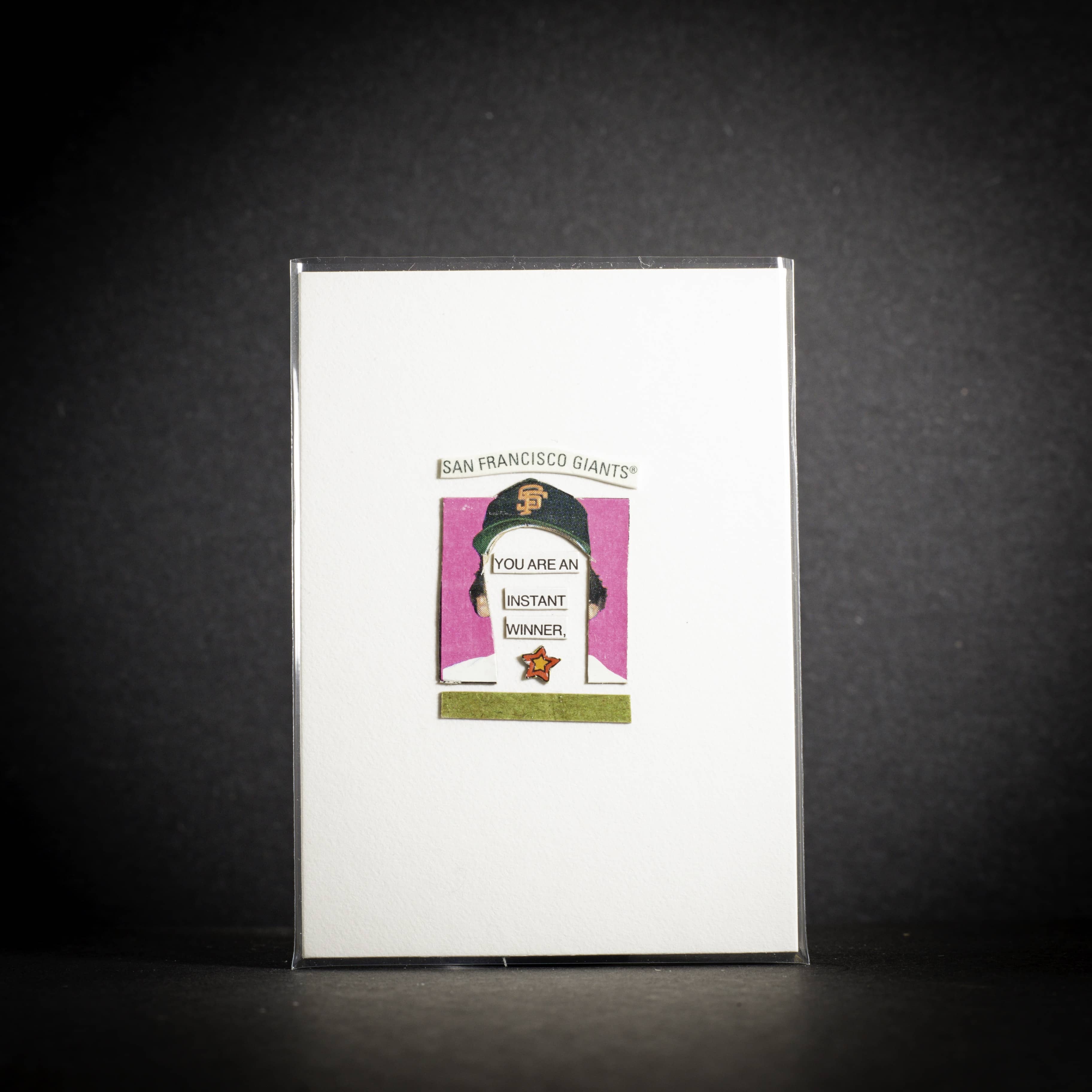 Instant winner character illustration and text on a dark background
