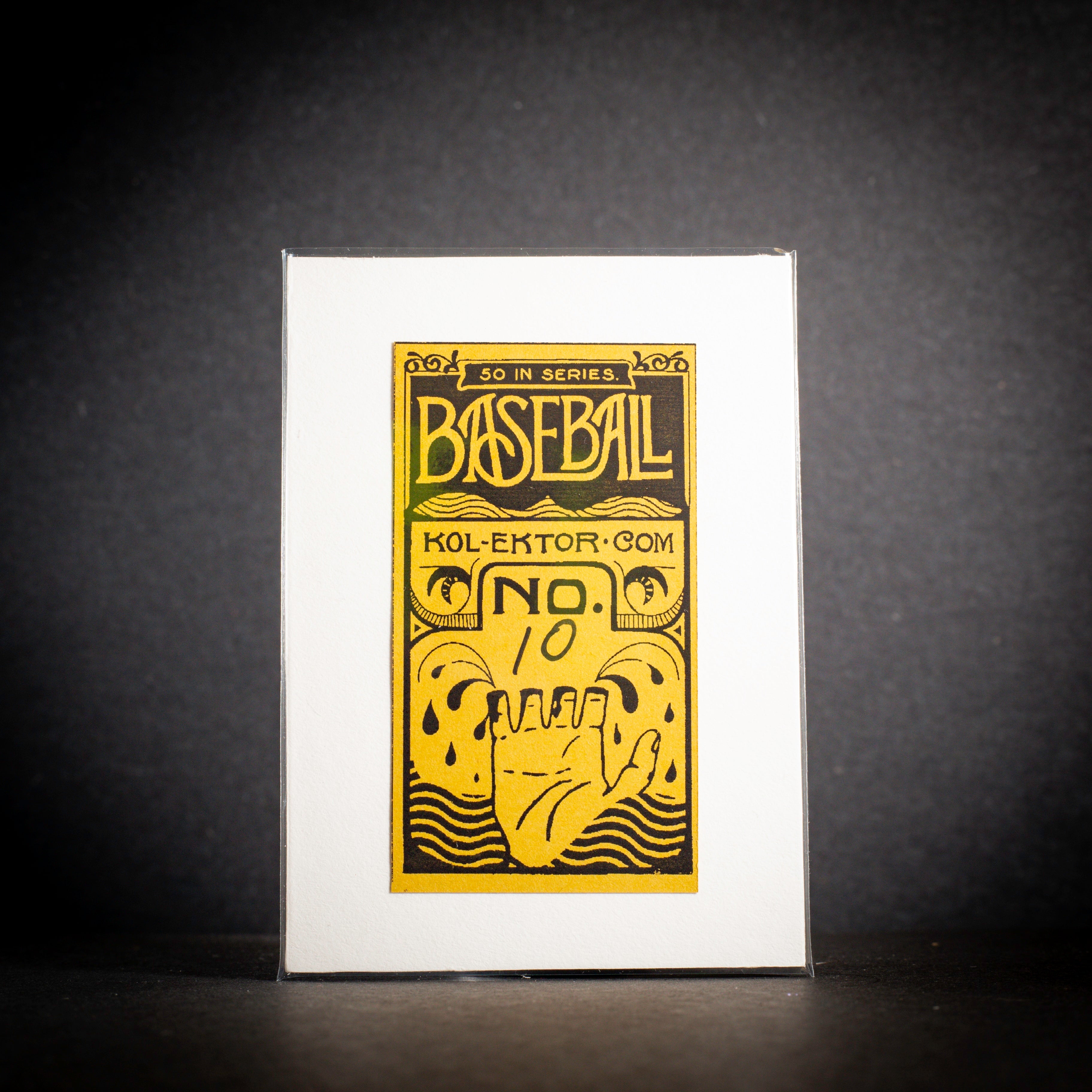 Baseball card with yellow text and design on a black background