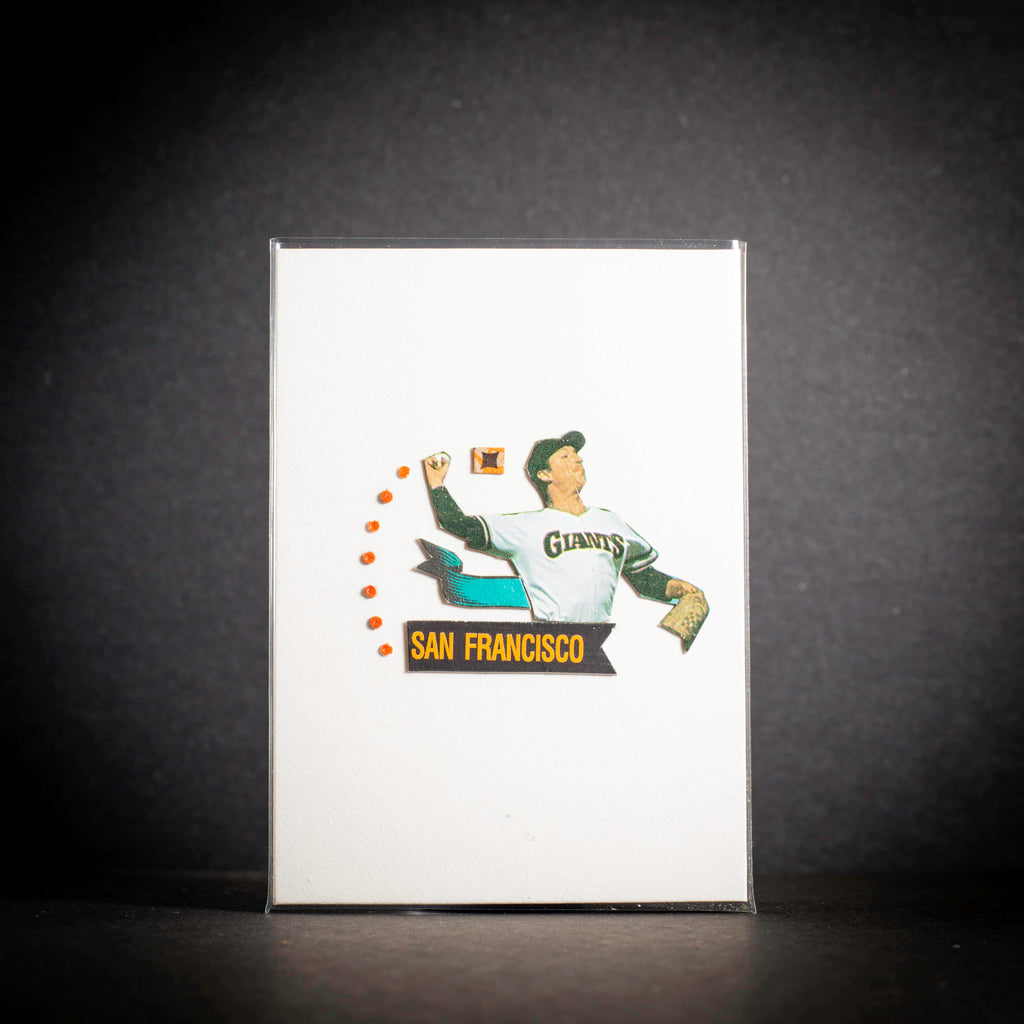 Vintage-style baseball card with a player in a San Francisco Giants uniform on a dark background