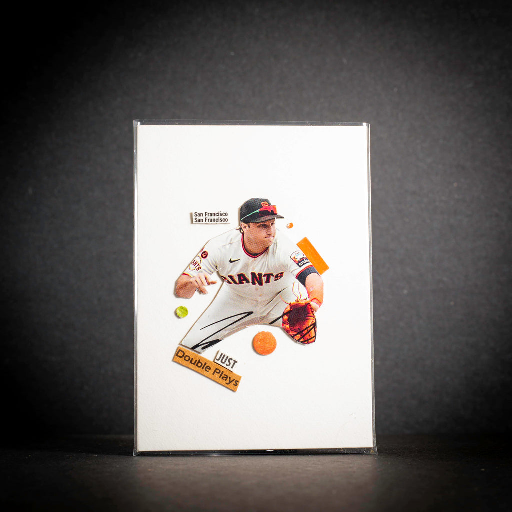 Baseball player in uniform with 'Just Double Play' text on a dark background