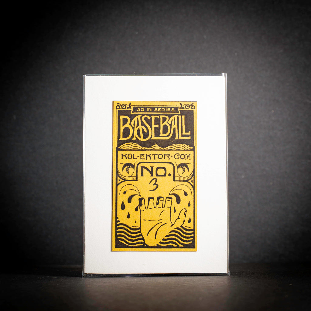 Baseball card with yellow text and design on a white background