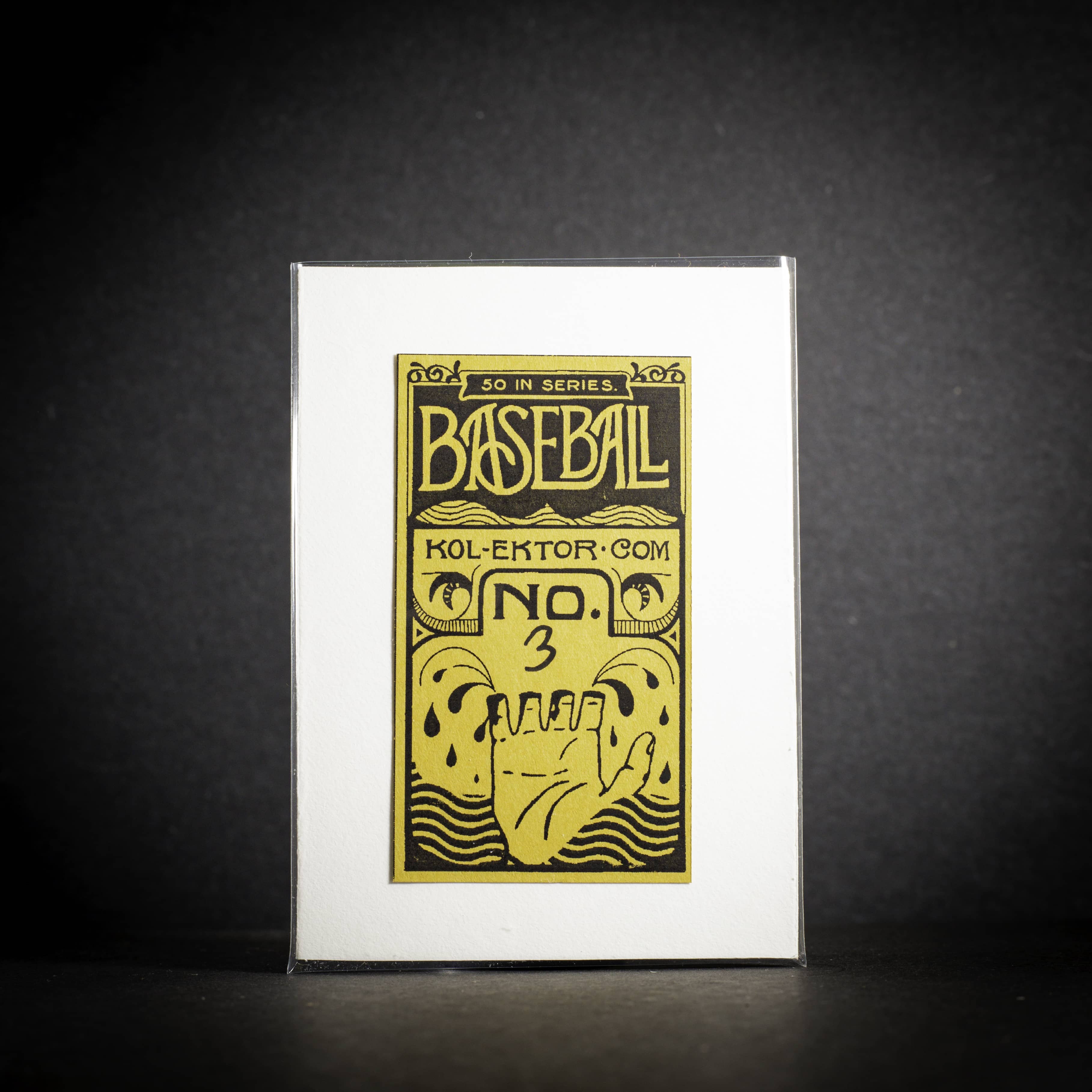 Baseball card with yellow text and design on a white background