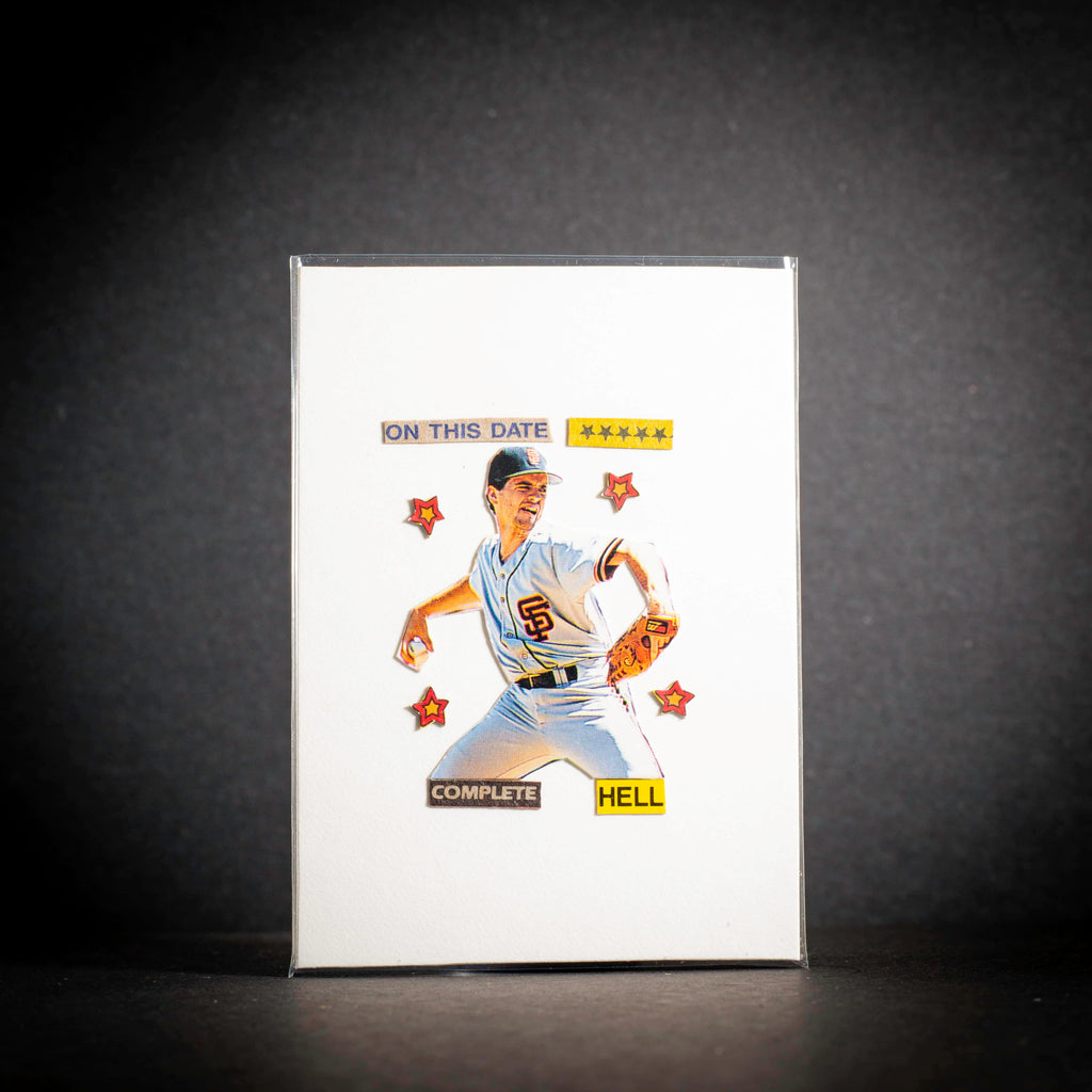 Baseball card with a player illustration and text on a dark background