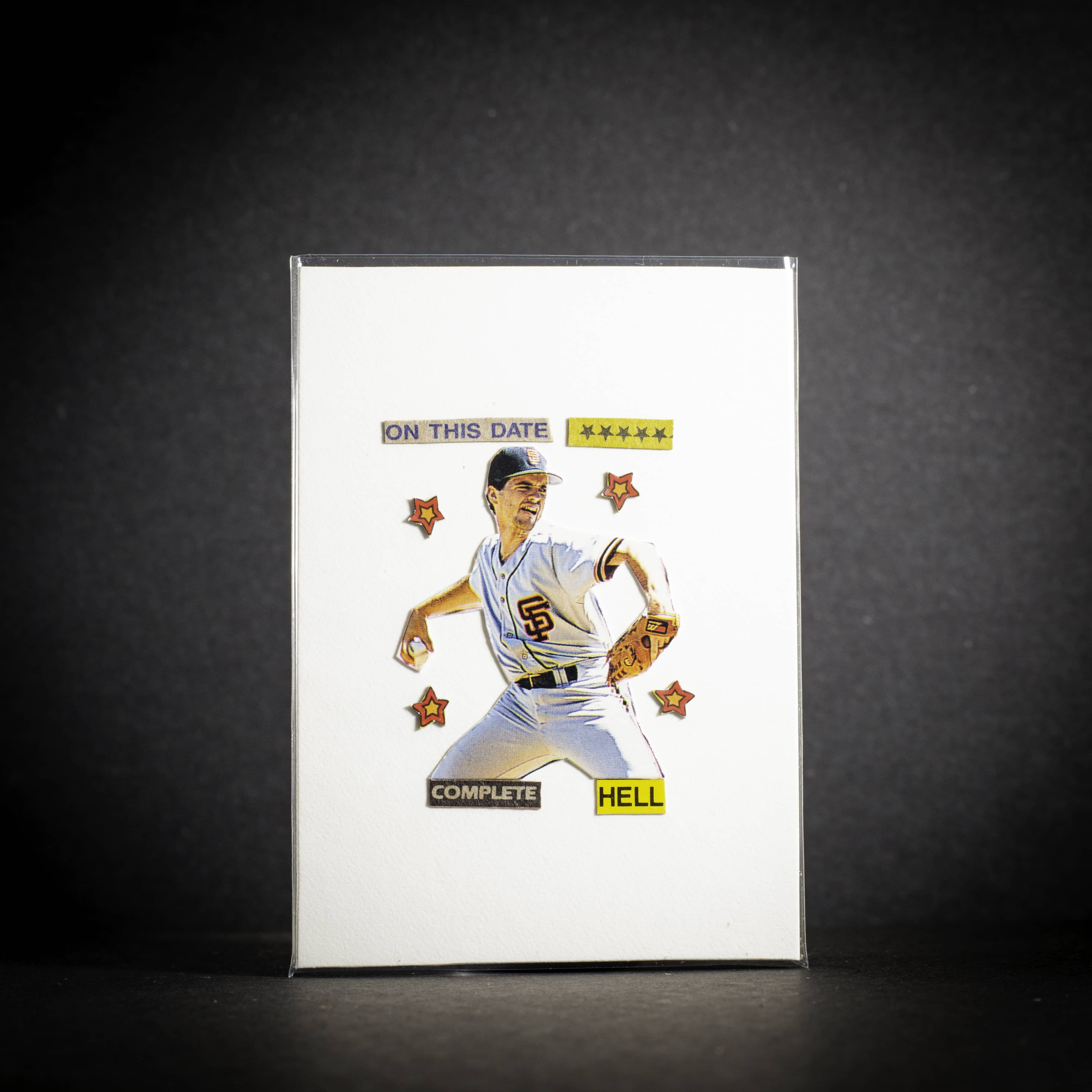 Baseball card with a player illustration and text on a dark background