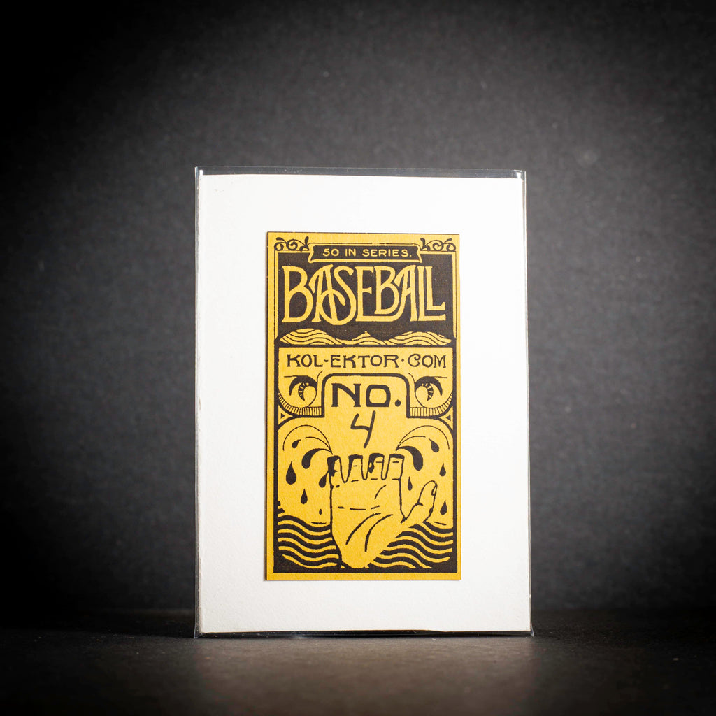 Baseball card packaging with yellow text and design on a white background