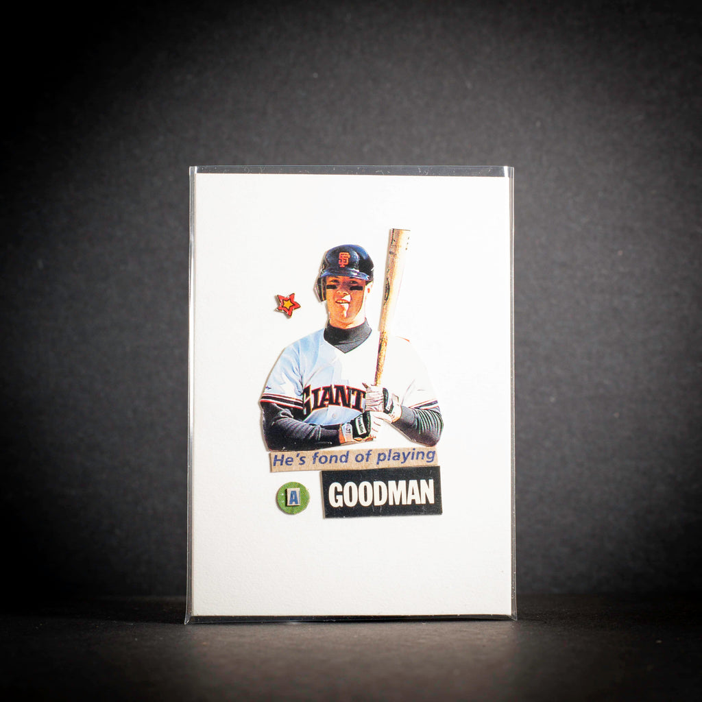 Baseball trading card of a player with a bat on a white background