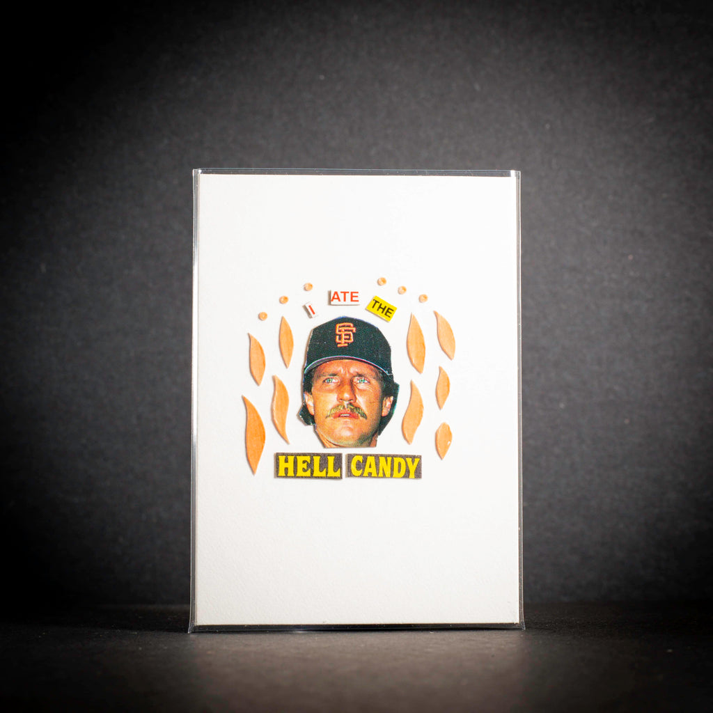 Card with a person wearing a baseball cap and text 'I ate The Hell Candy' on a dark background