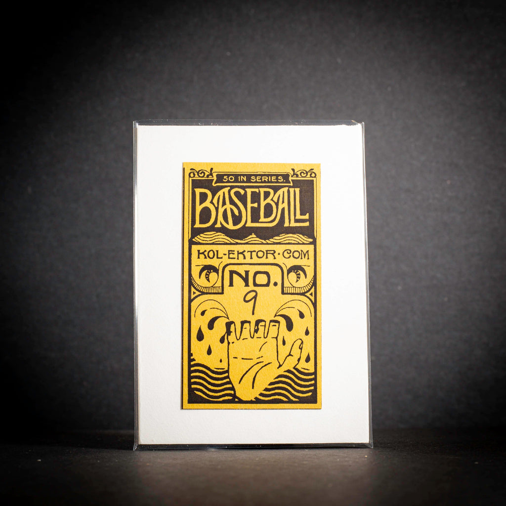 Baseball card with yellow text and design on a black background