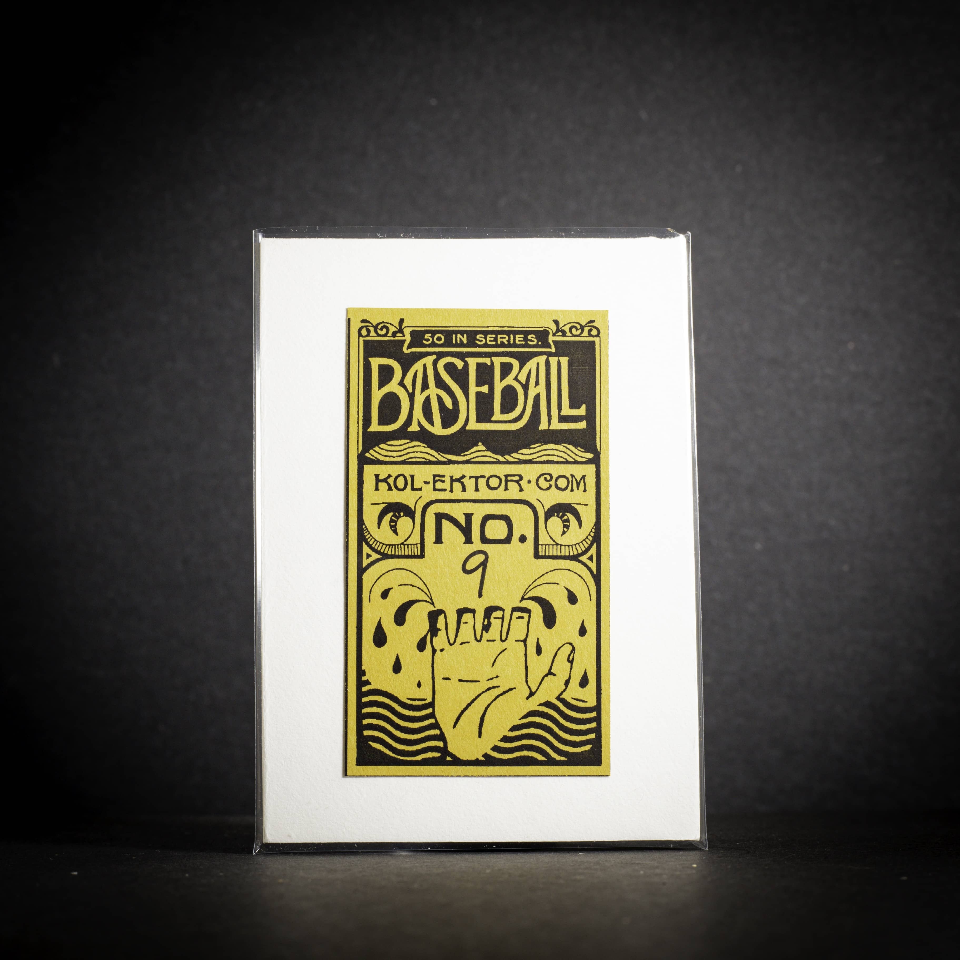 Baseball card with yellow text and design on a black background