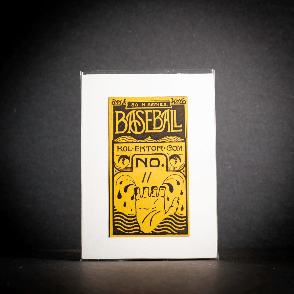 Baseball card with yellow text and design on a white card against a dark background