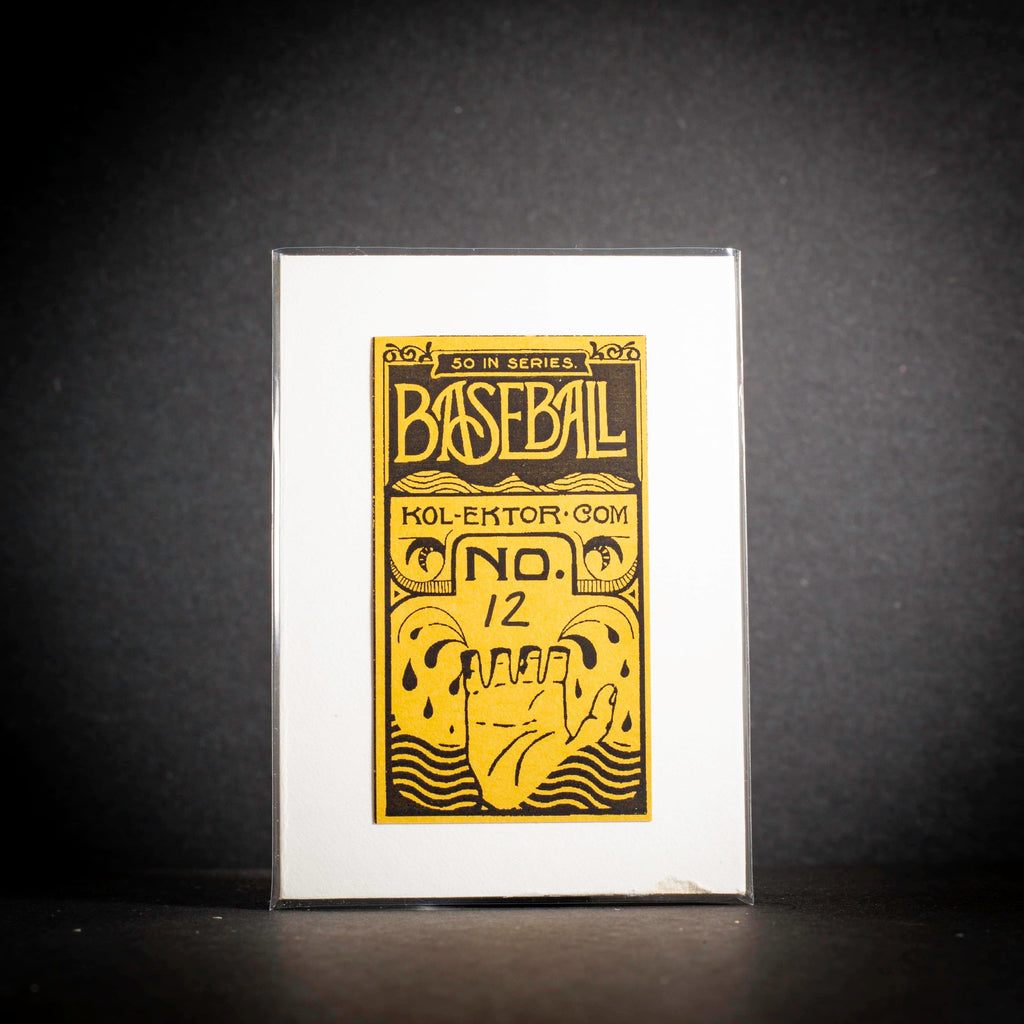 Baseball card packaging with yellow text and design on a black background