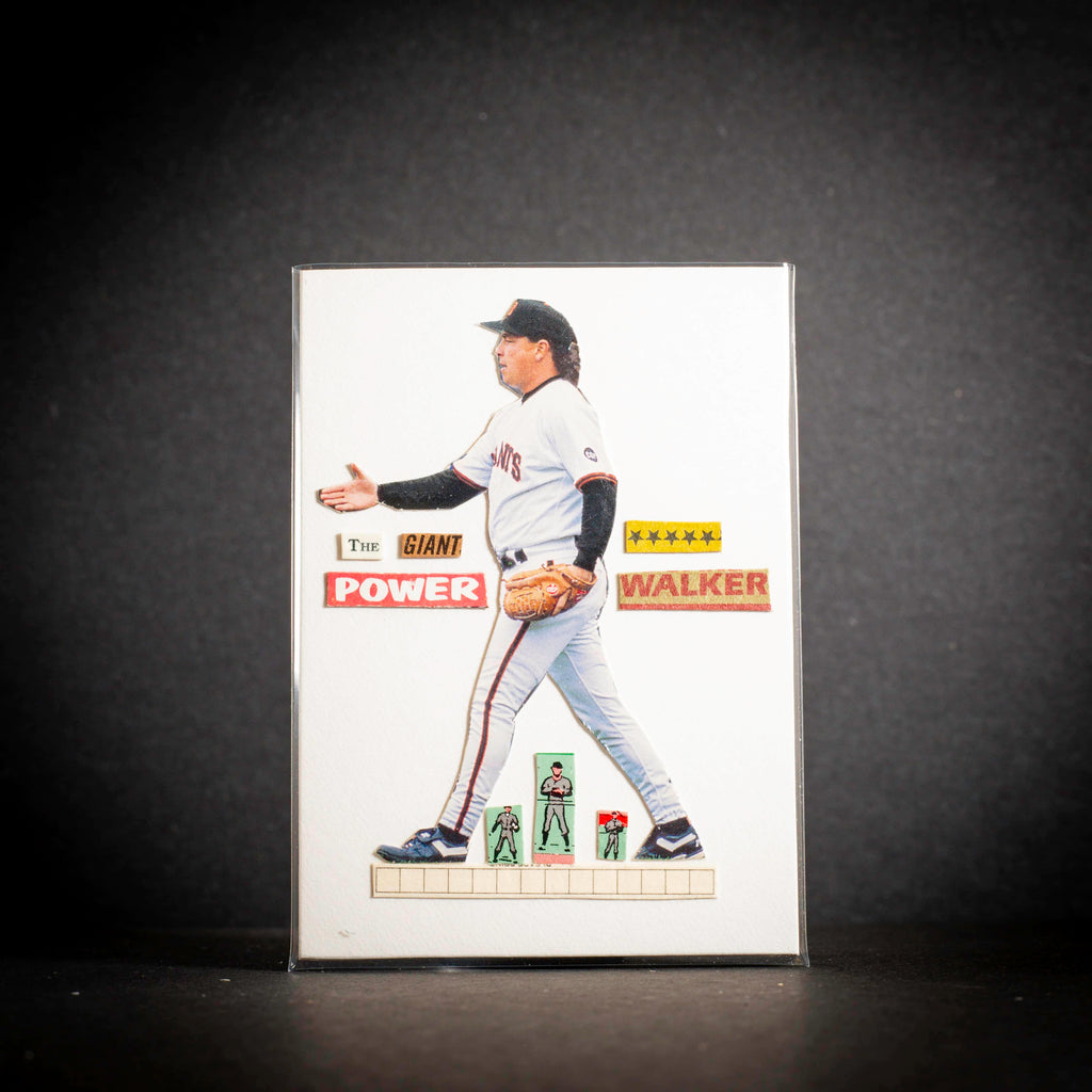 Baseball trading card of a player in a white uniform with text and graphics on a dark background