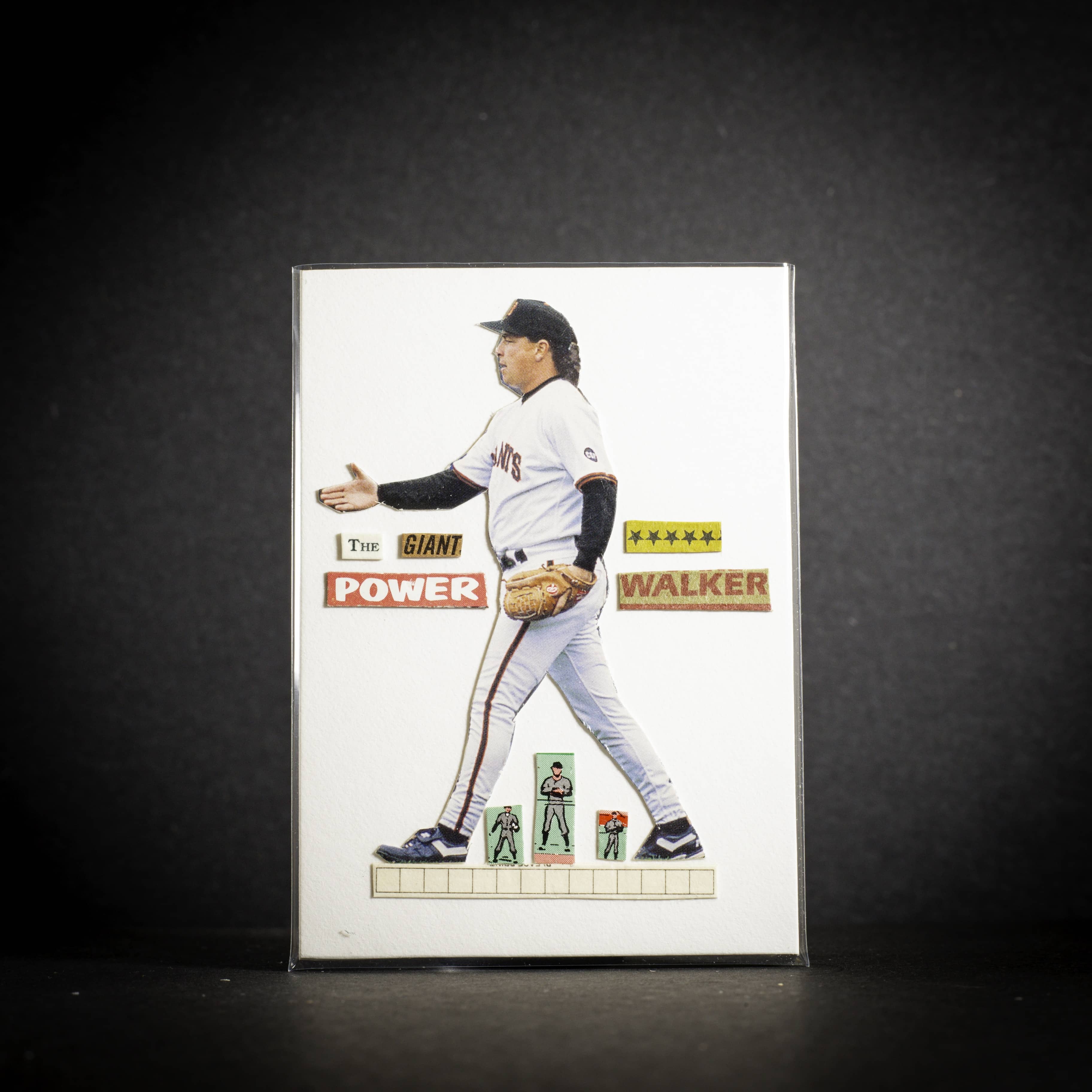 Baseball trading card of a player in a white uniform with text and graphics on a dark background