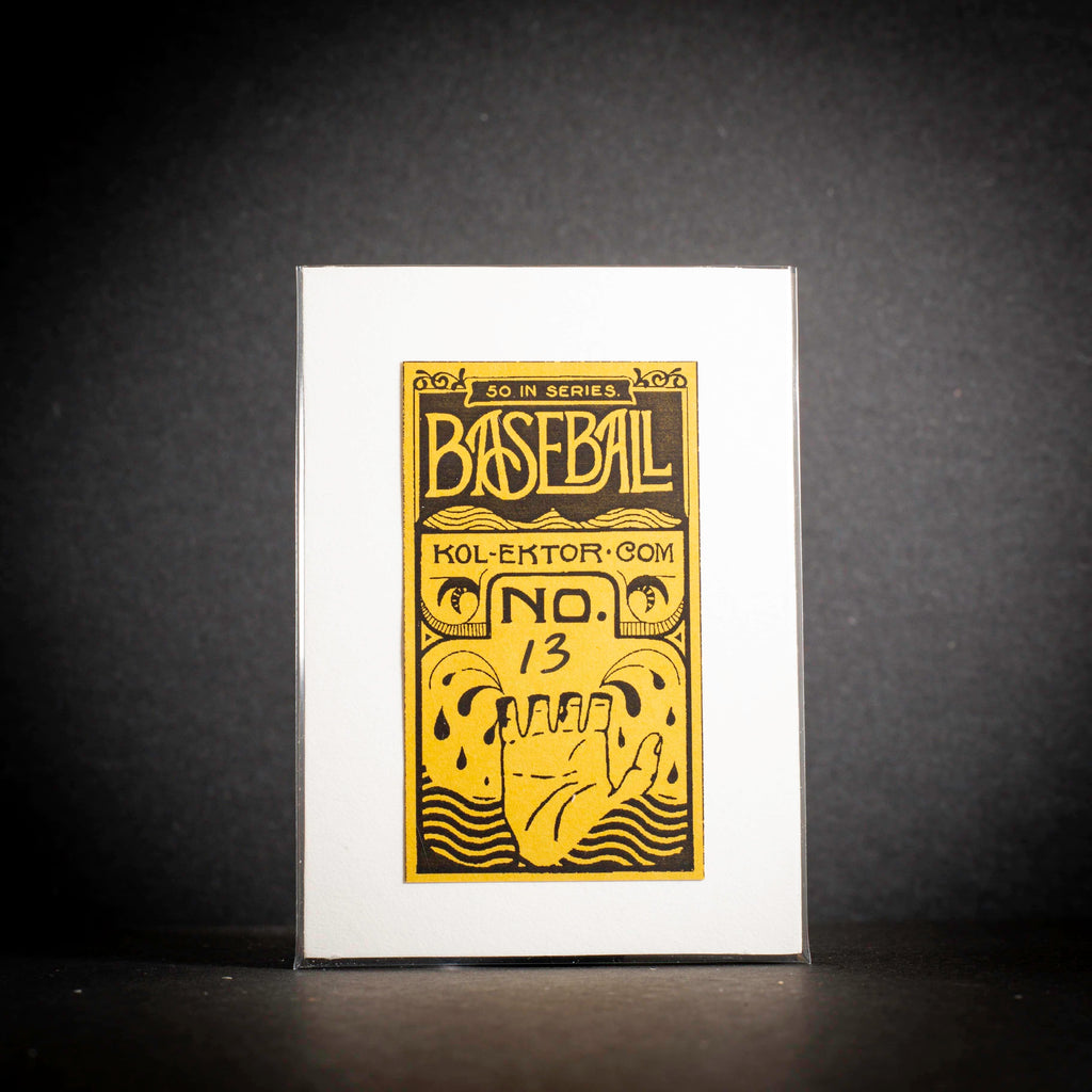 Baseball card with yellow text and design on a white background