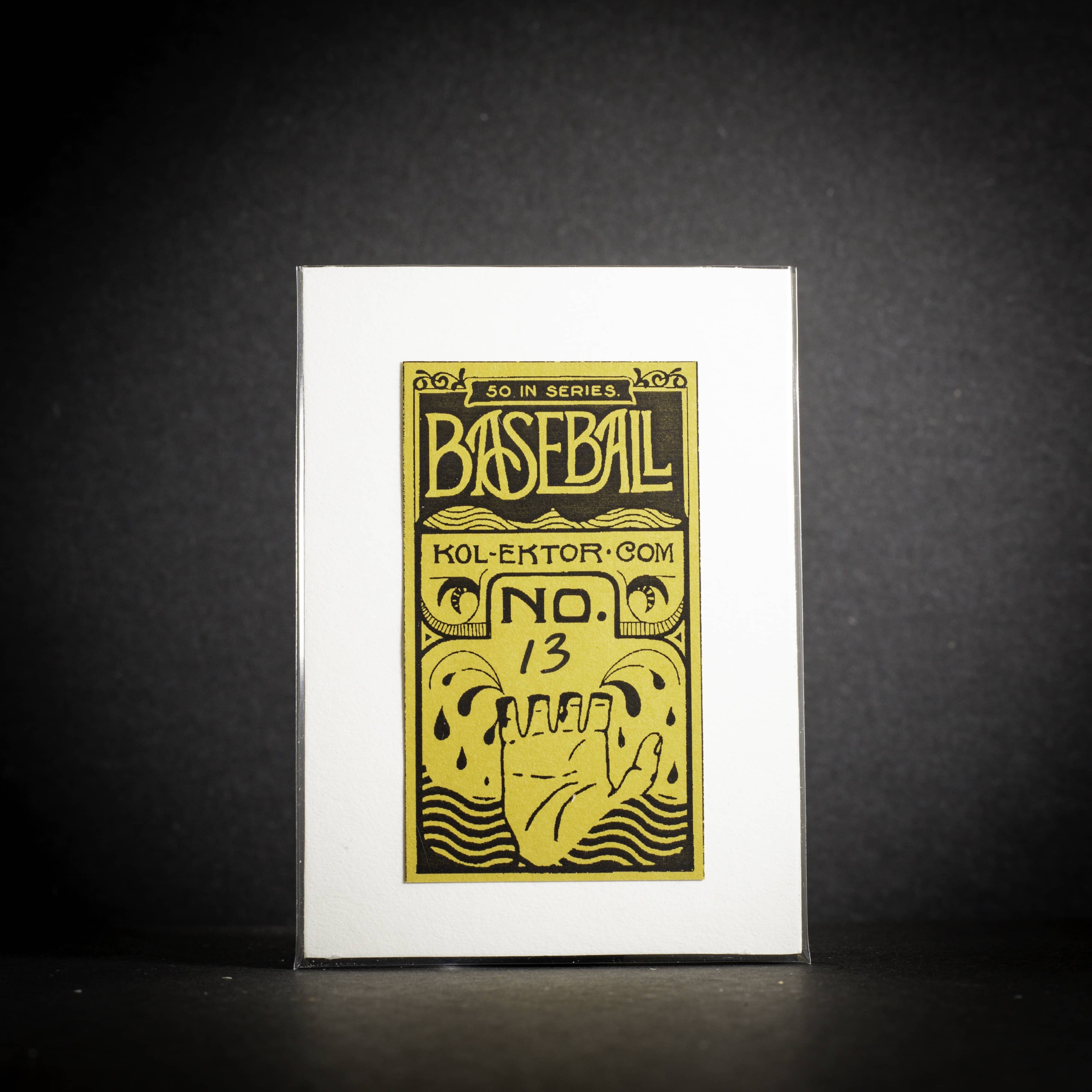 Baseball card with yellow text and design on a white background