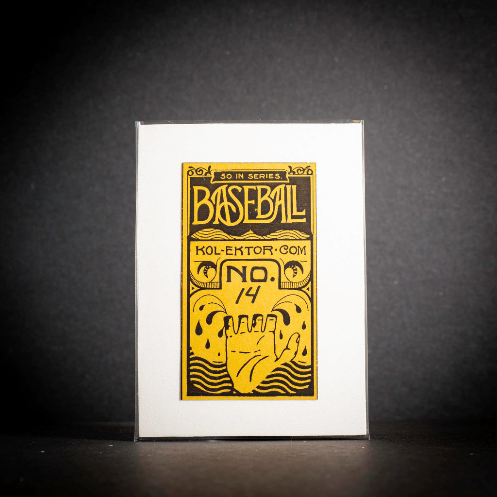 Baseball card with yellow text and design on a white background