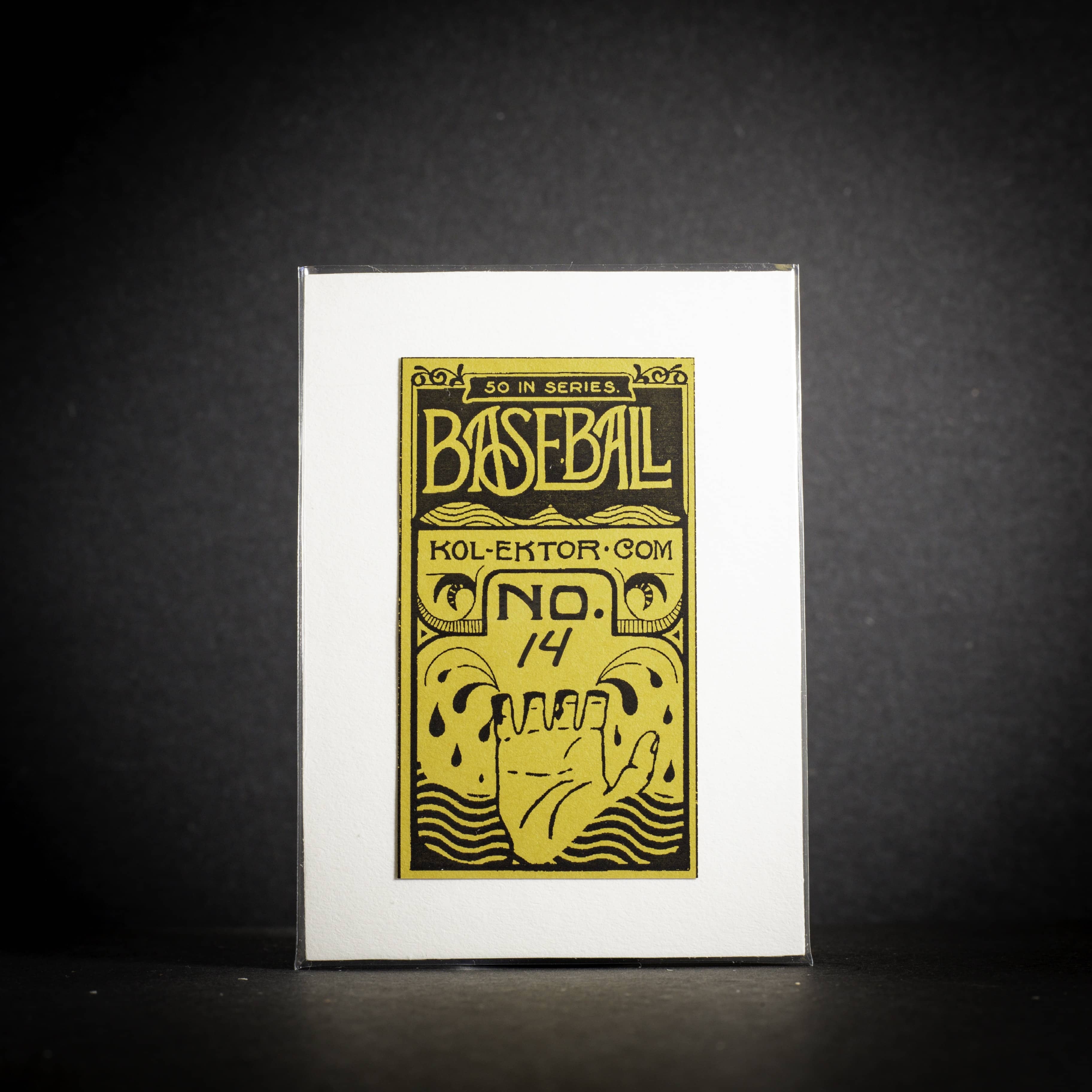 Baseball card with yellow text and design on a white background