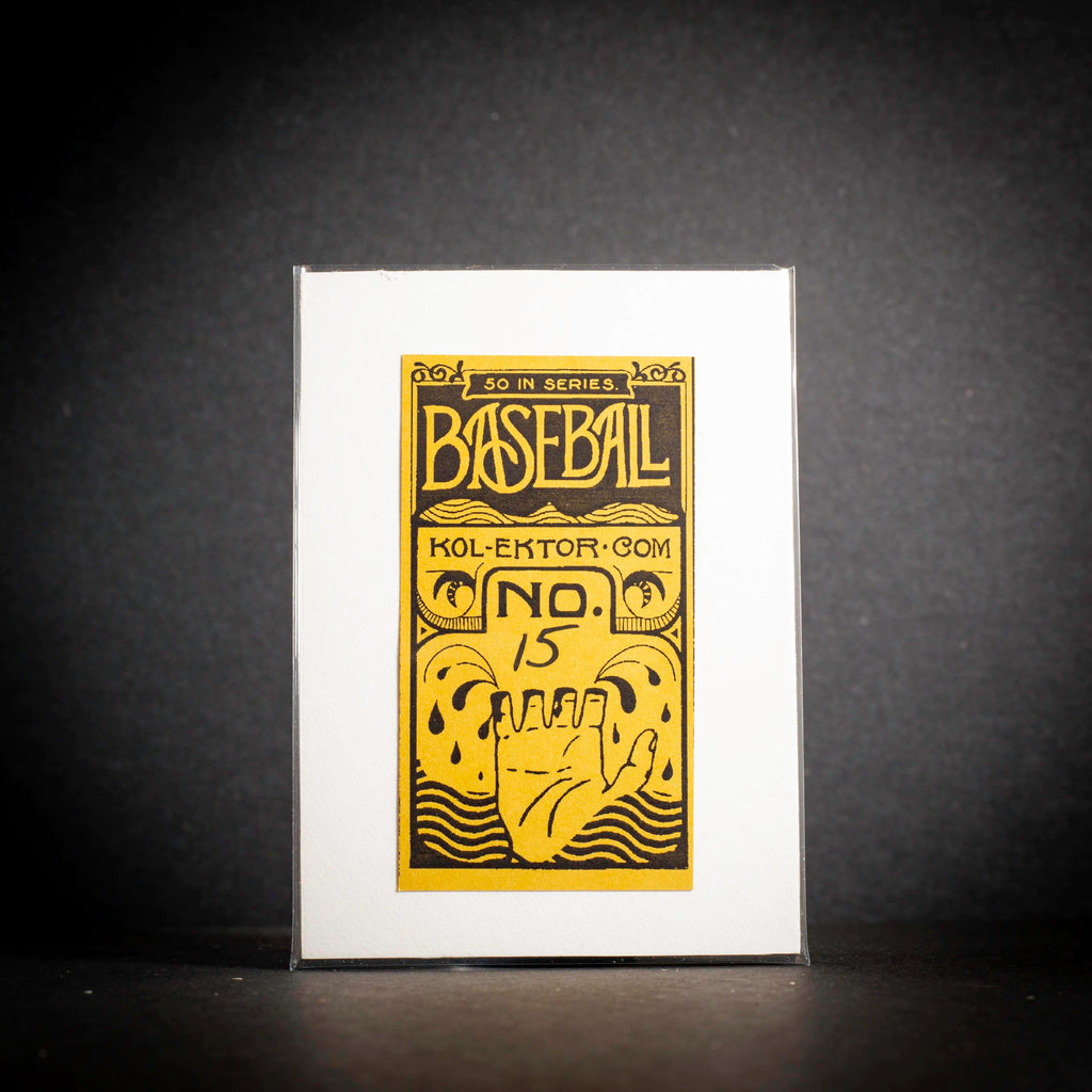 Baseball card with yellow text and design on a black background