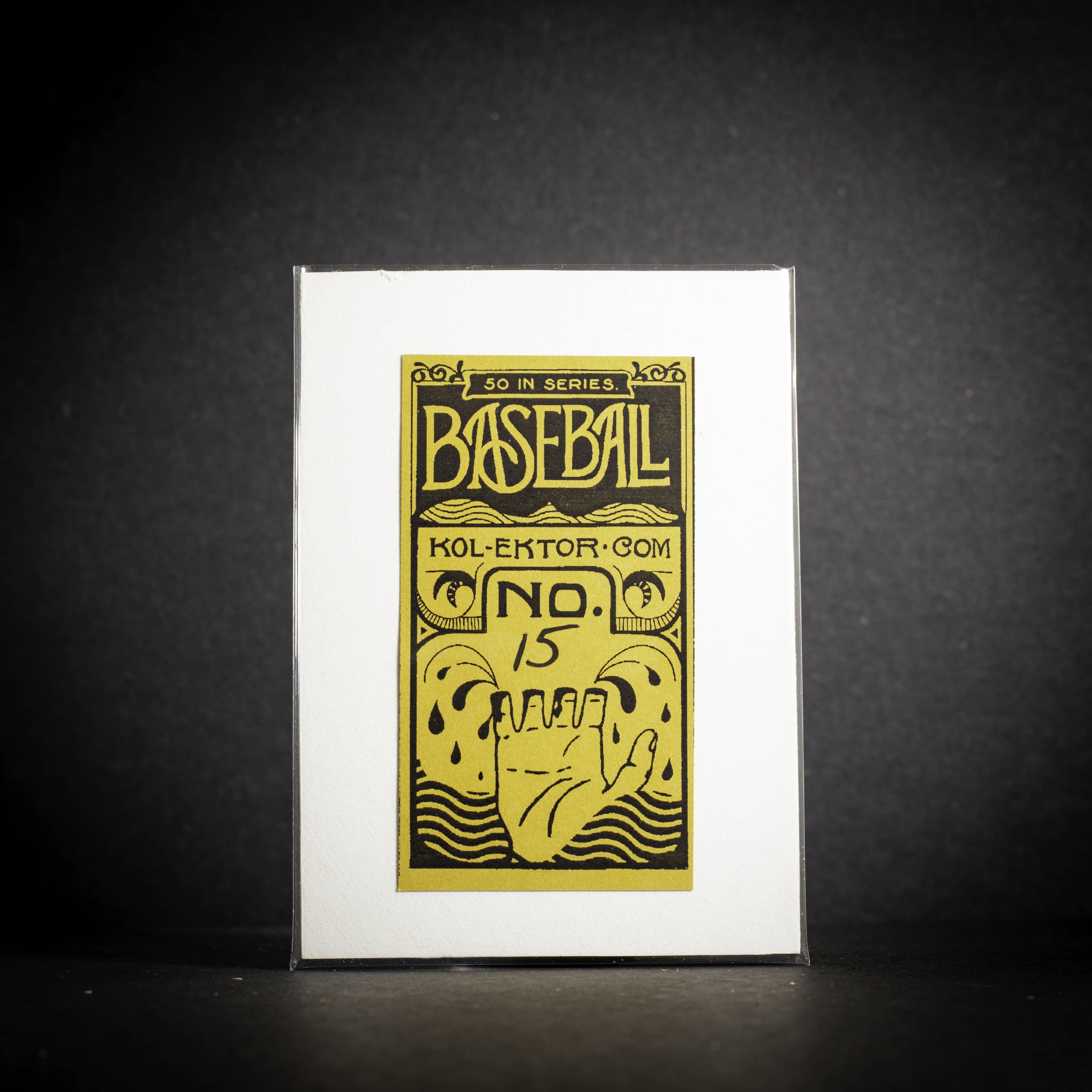 Baseball card with yellow text and design on a black background
