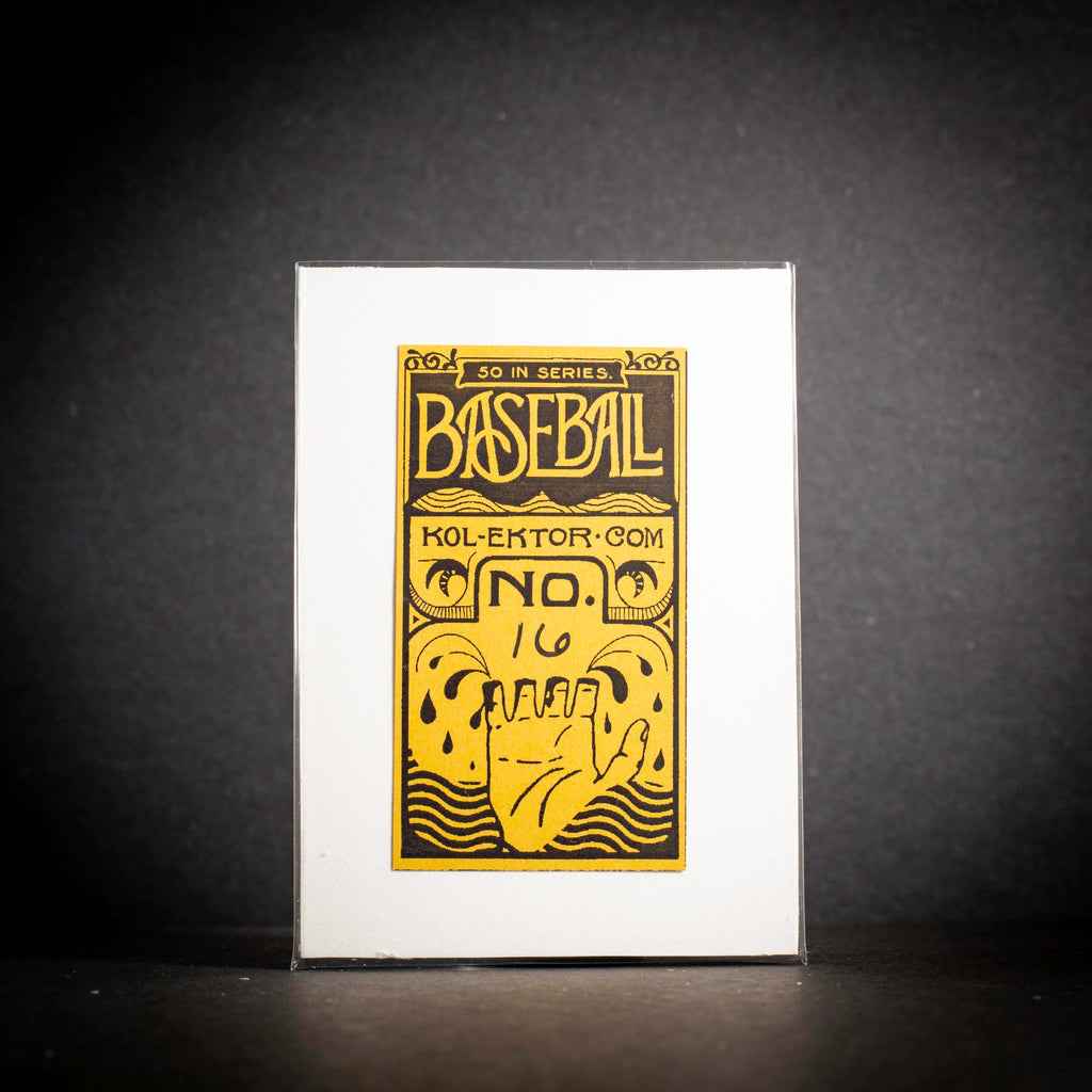 Baseball card with yellow text and design on a black background