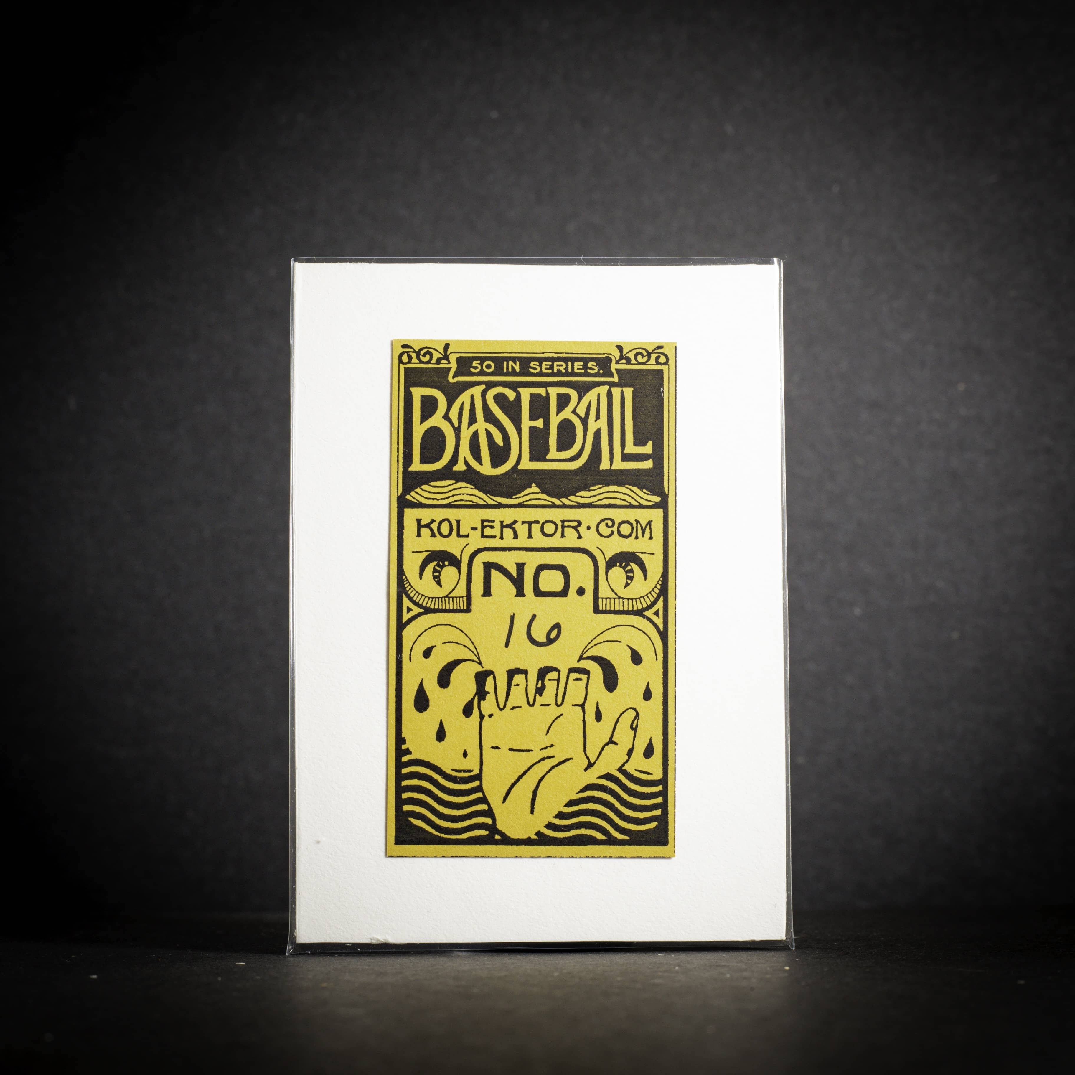 Baseball card with yellow text and design on a black background