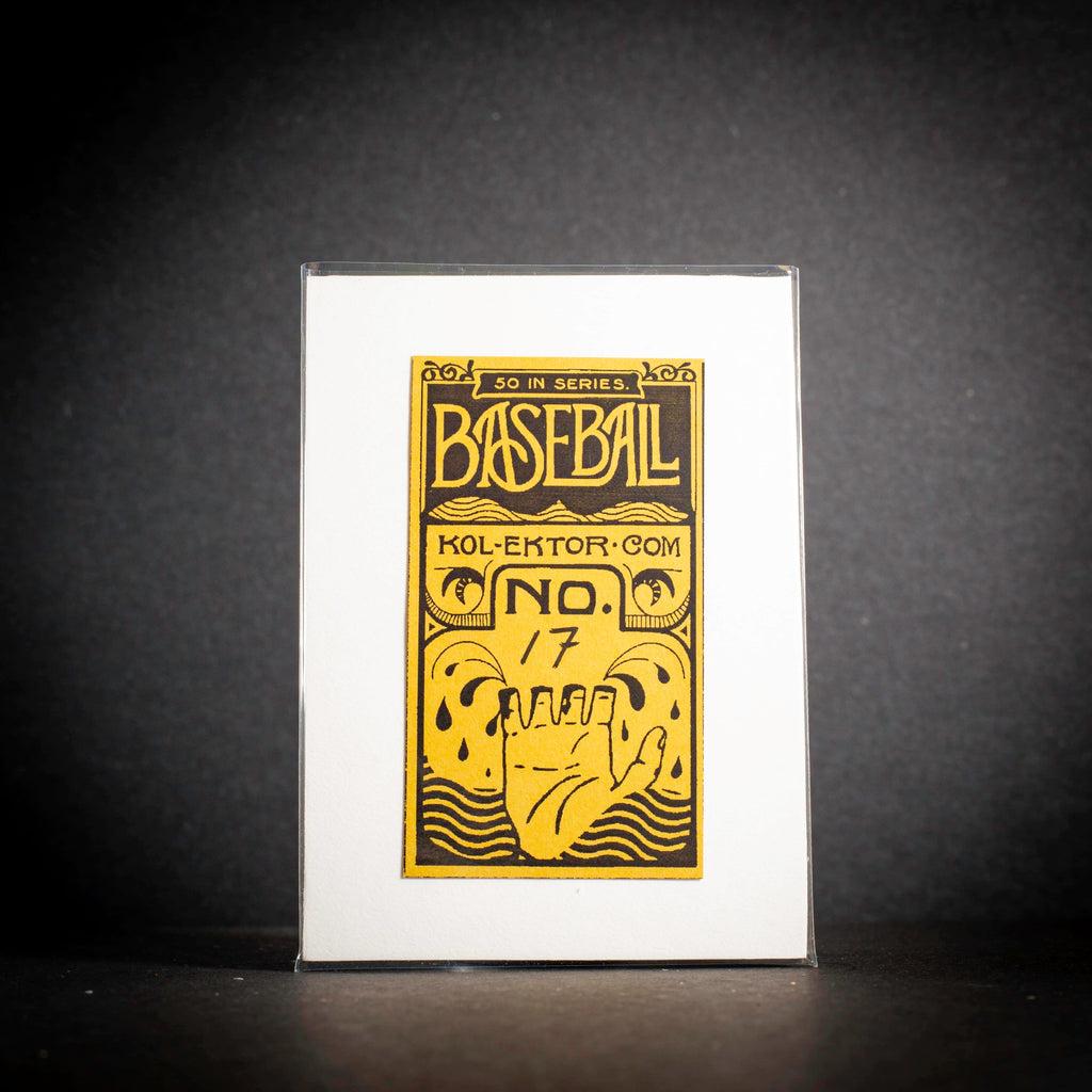Baseball card with yellow text and design on a black background