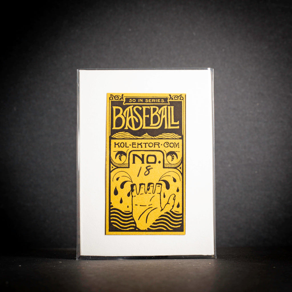 Baseball card with yellow text and design on a black background