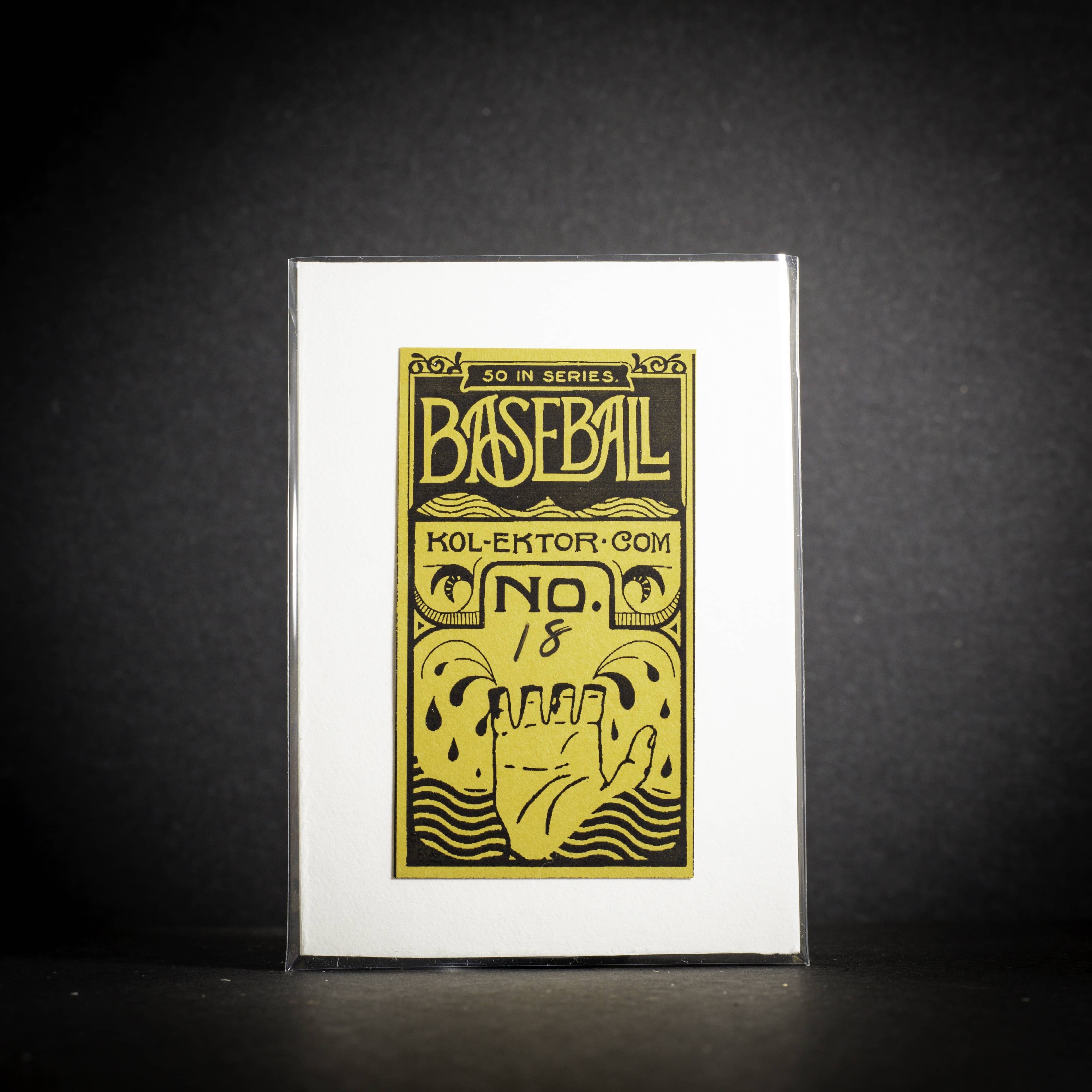 Baseball card with yellow text and design on a black background