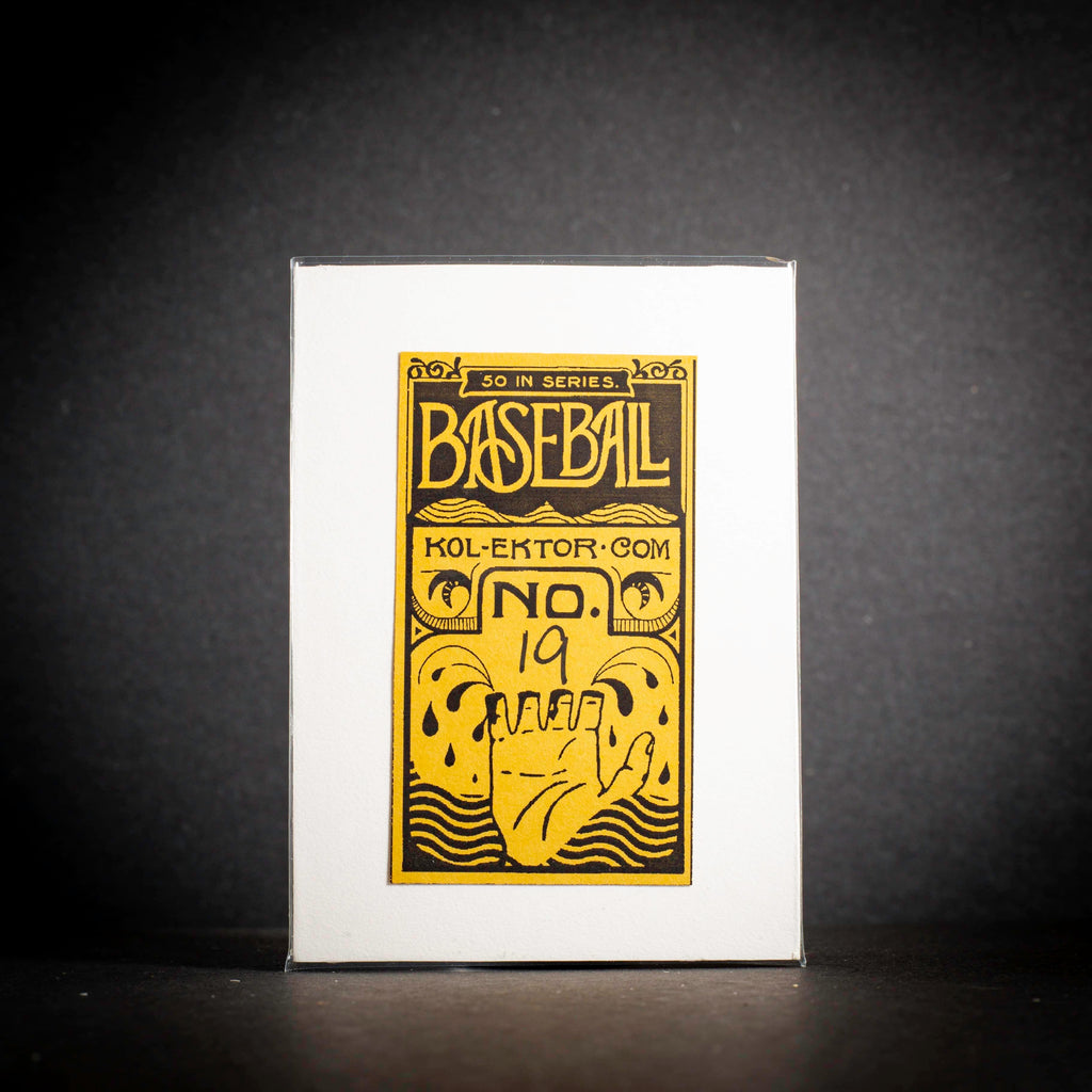Baseball card with yellow text and design on a black background