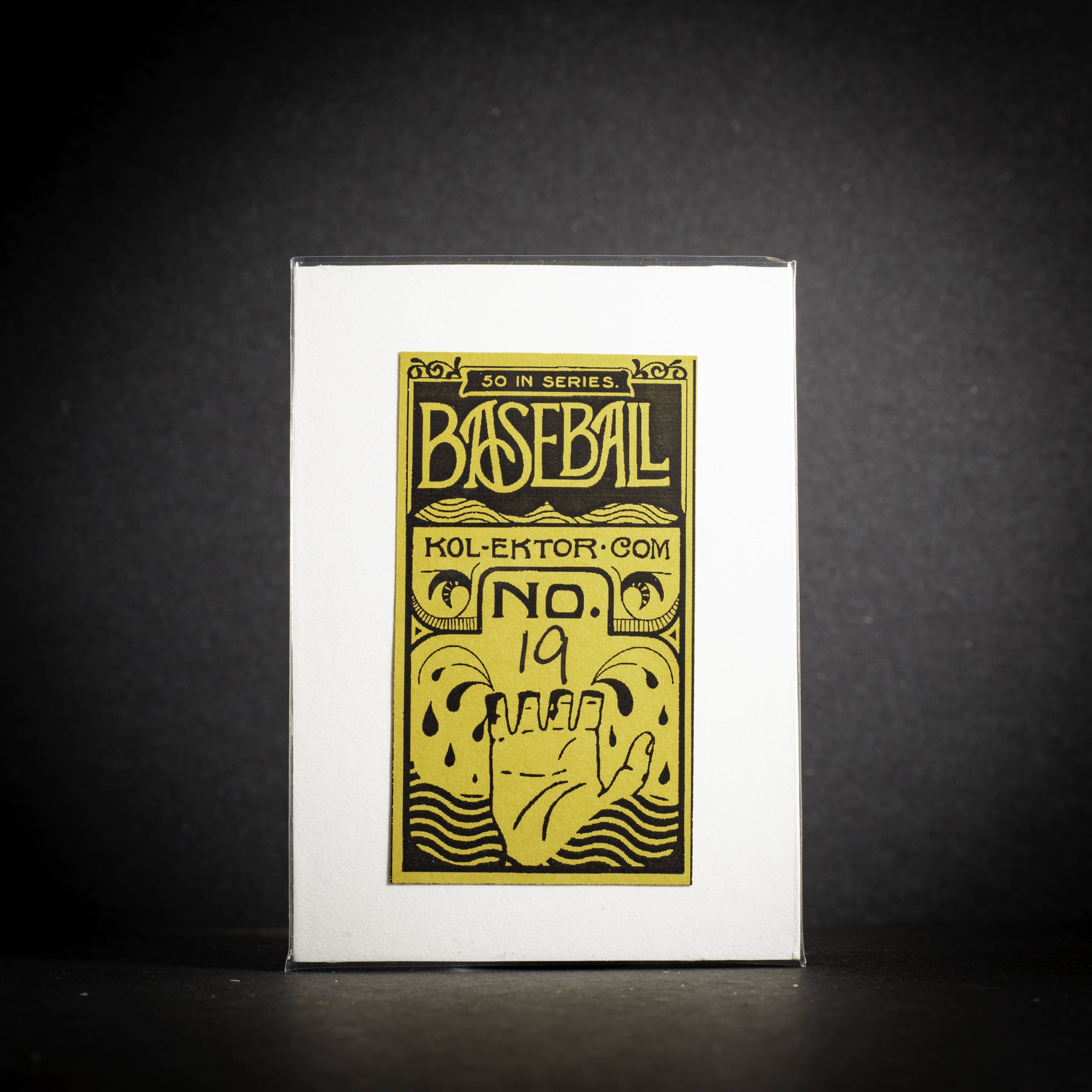 Baseball card with yellow text and design on a black background