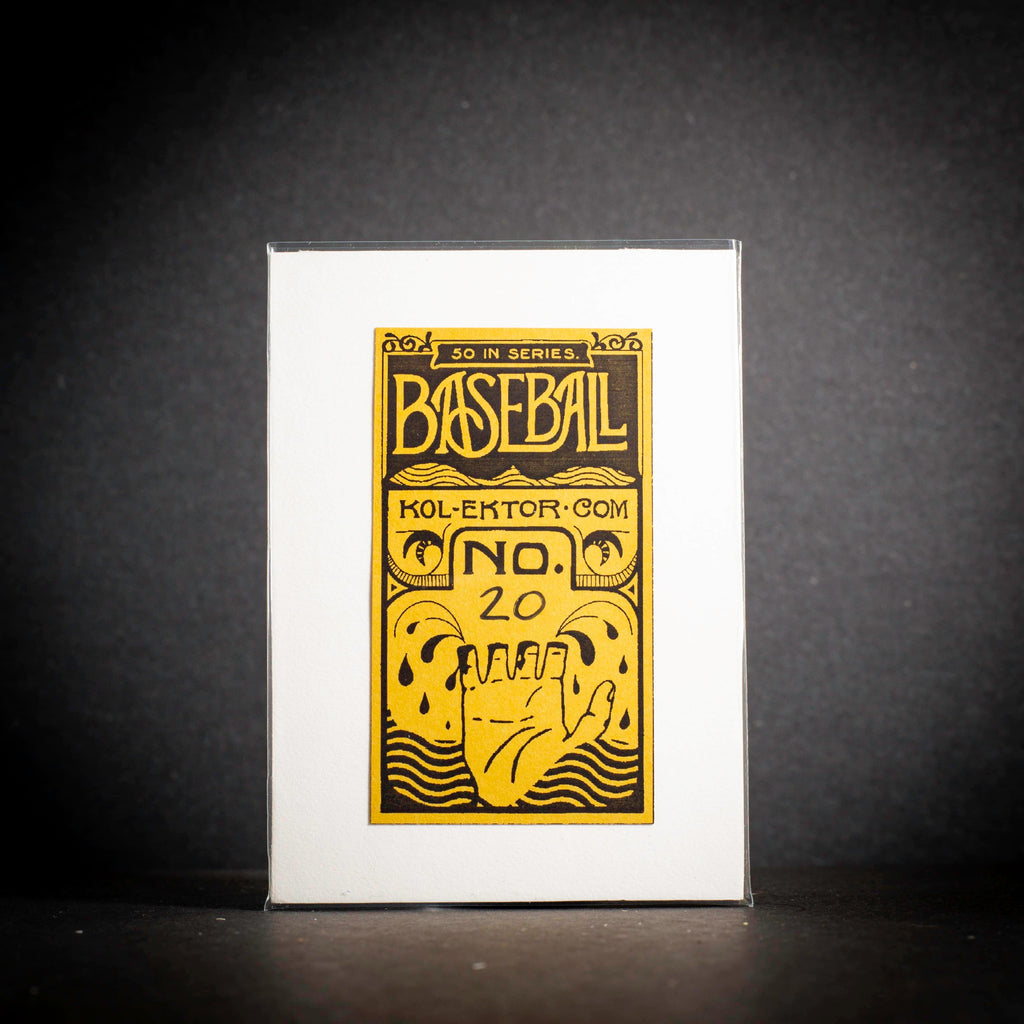 Baseball card with yellow text and graphics on a black background