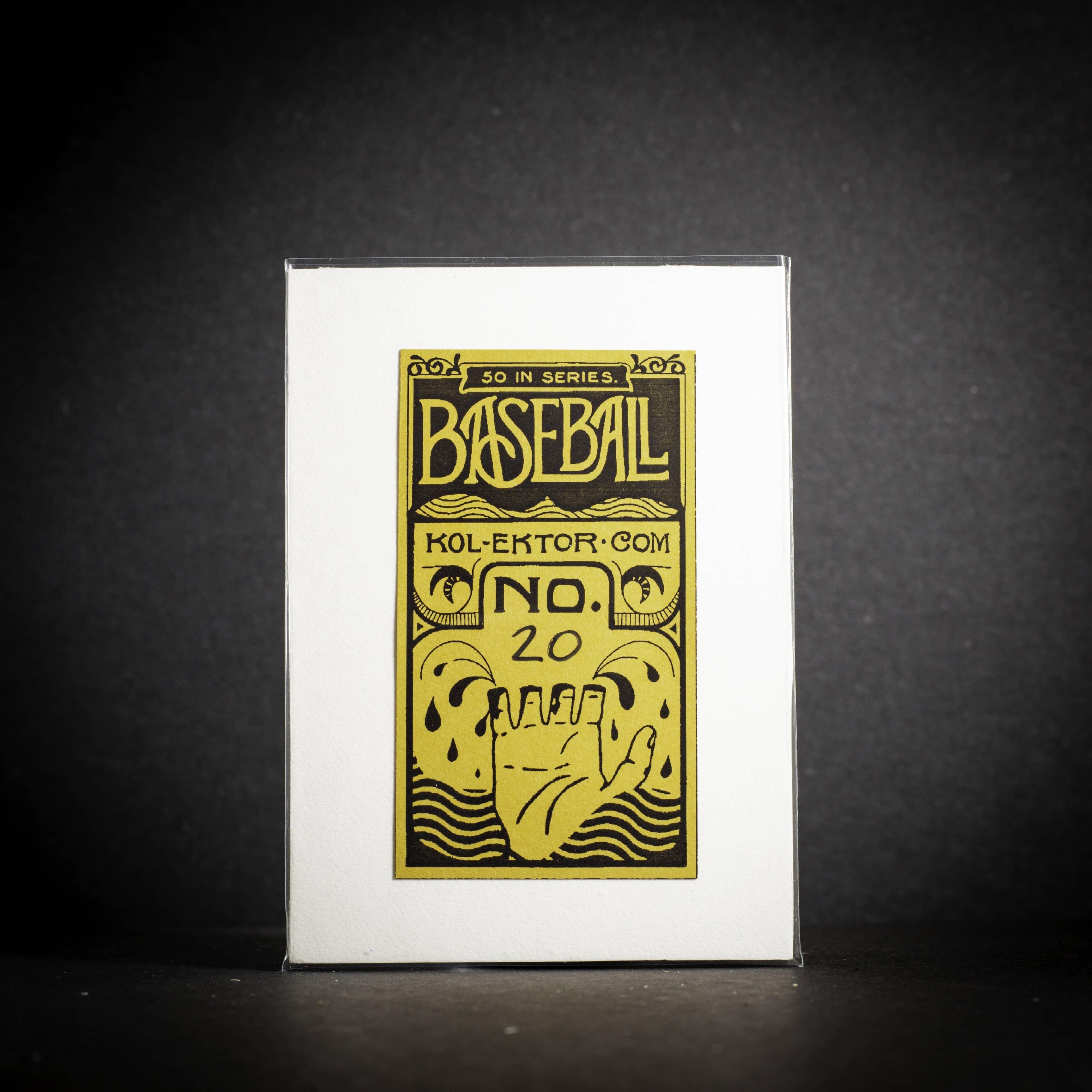 Baseball card with yellow text and graphics on a black background