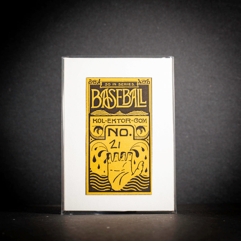 Baseball card with yellow text and graphics on a white background