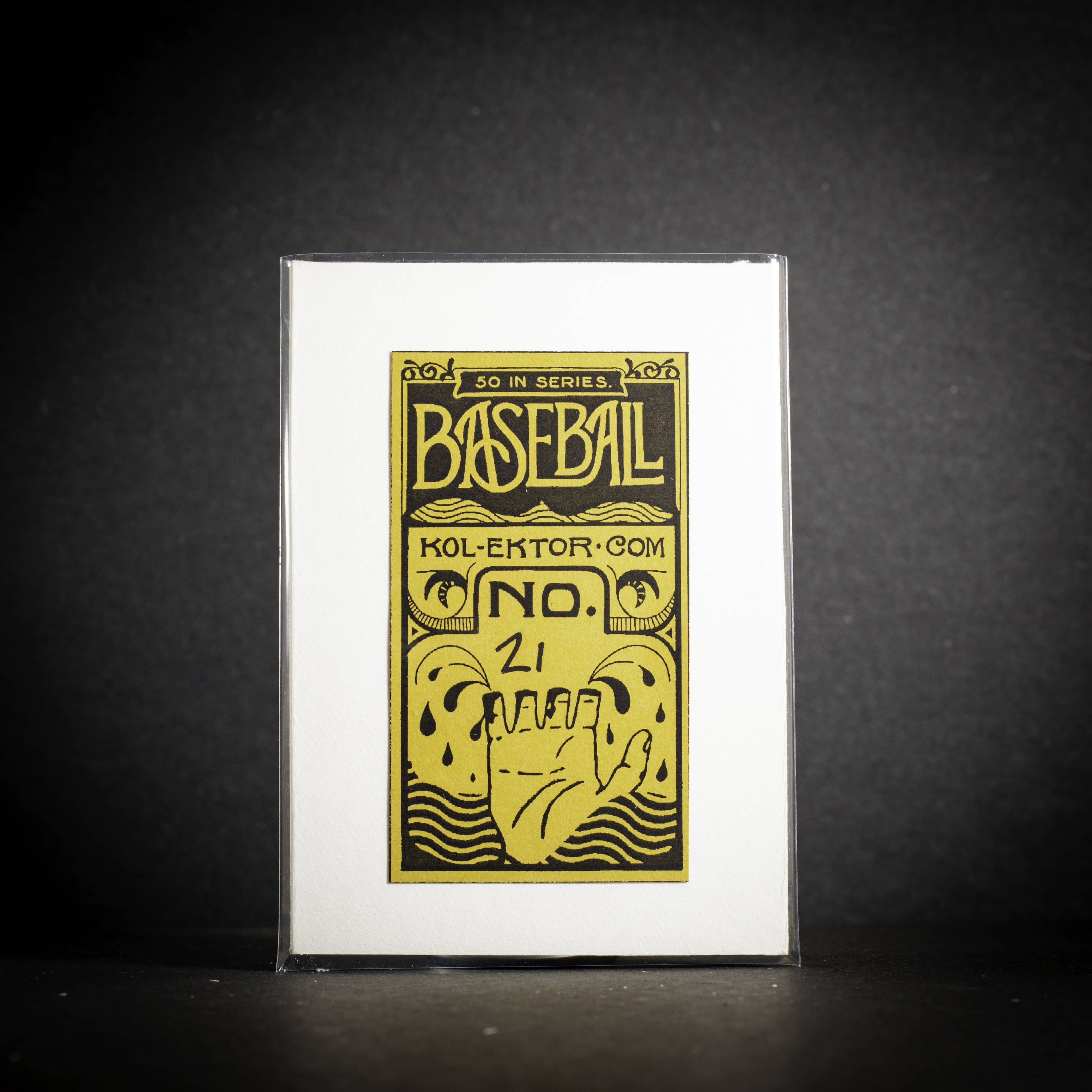 Baseball card with yellow text and graphics on a white background