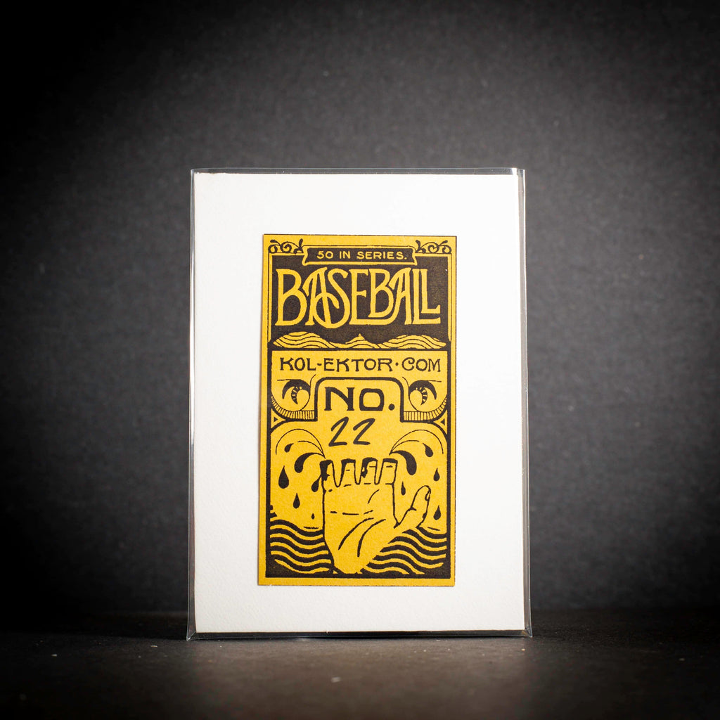 Baseball card with yellow text and graphics on a white background