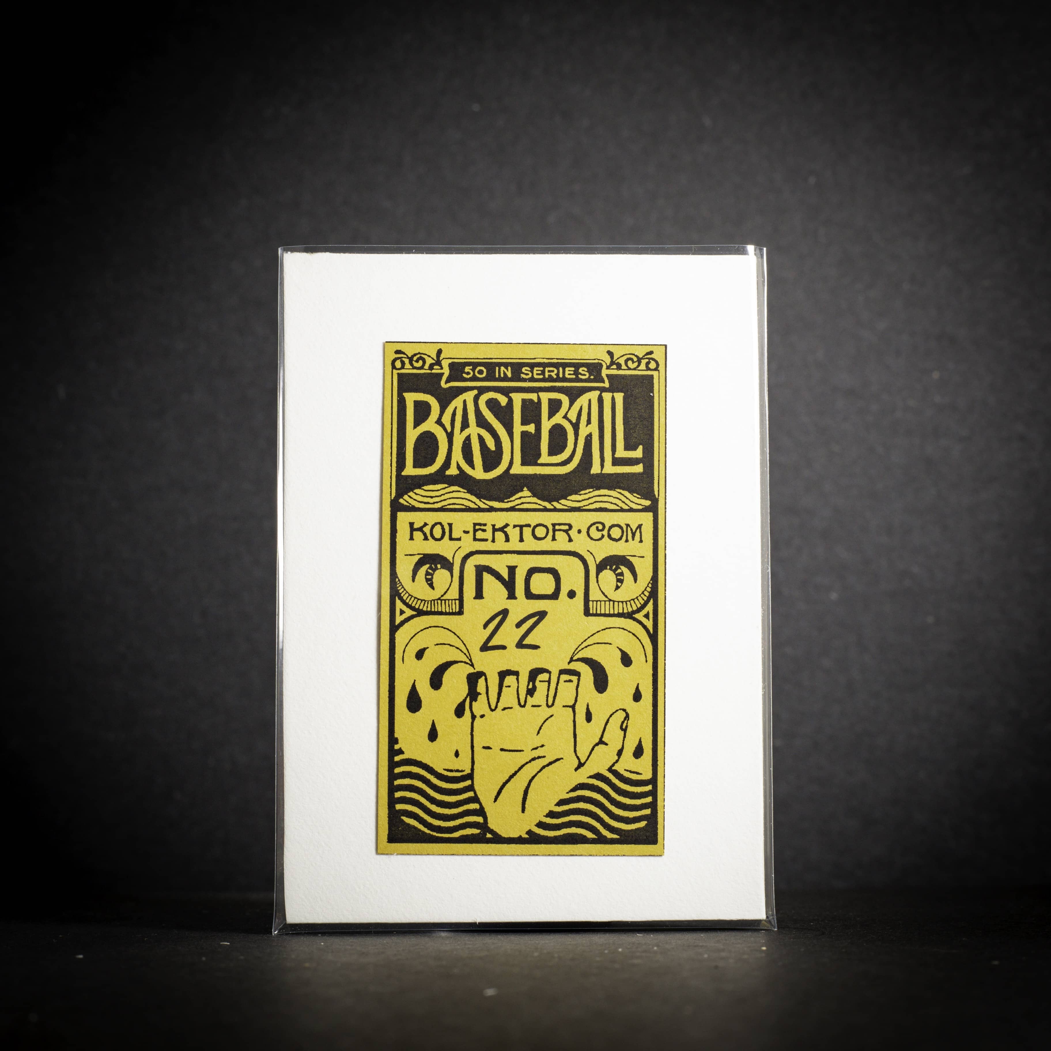 Baseball card with yellow text and graphics on a white background