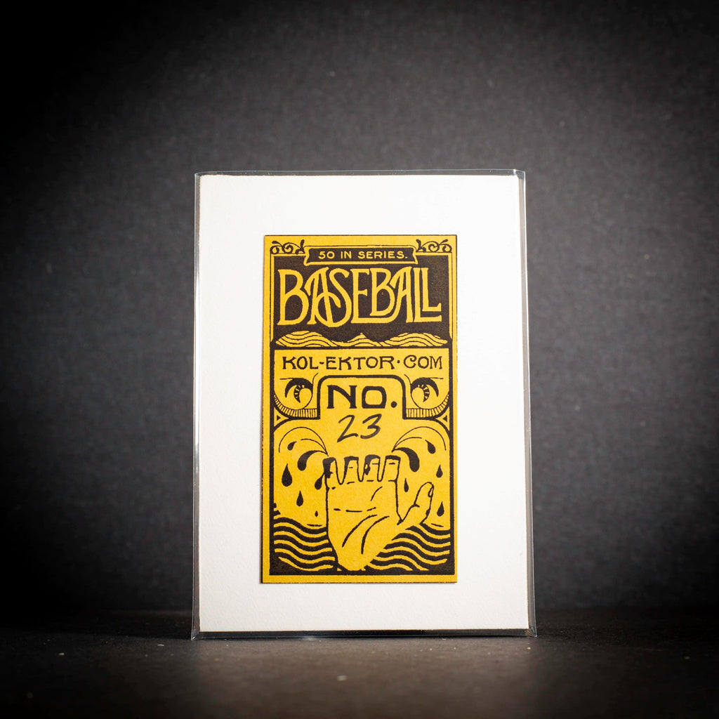 Baseball card with yellow text and graphics on a white background