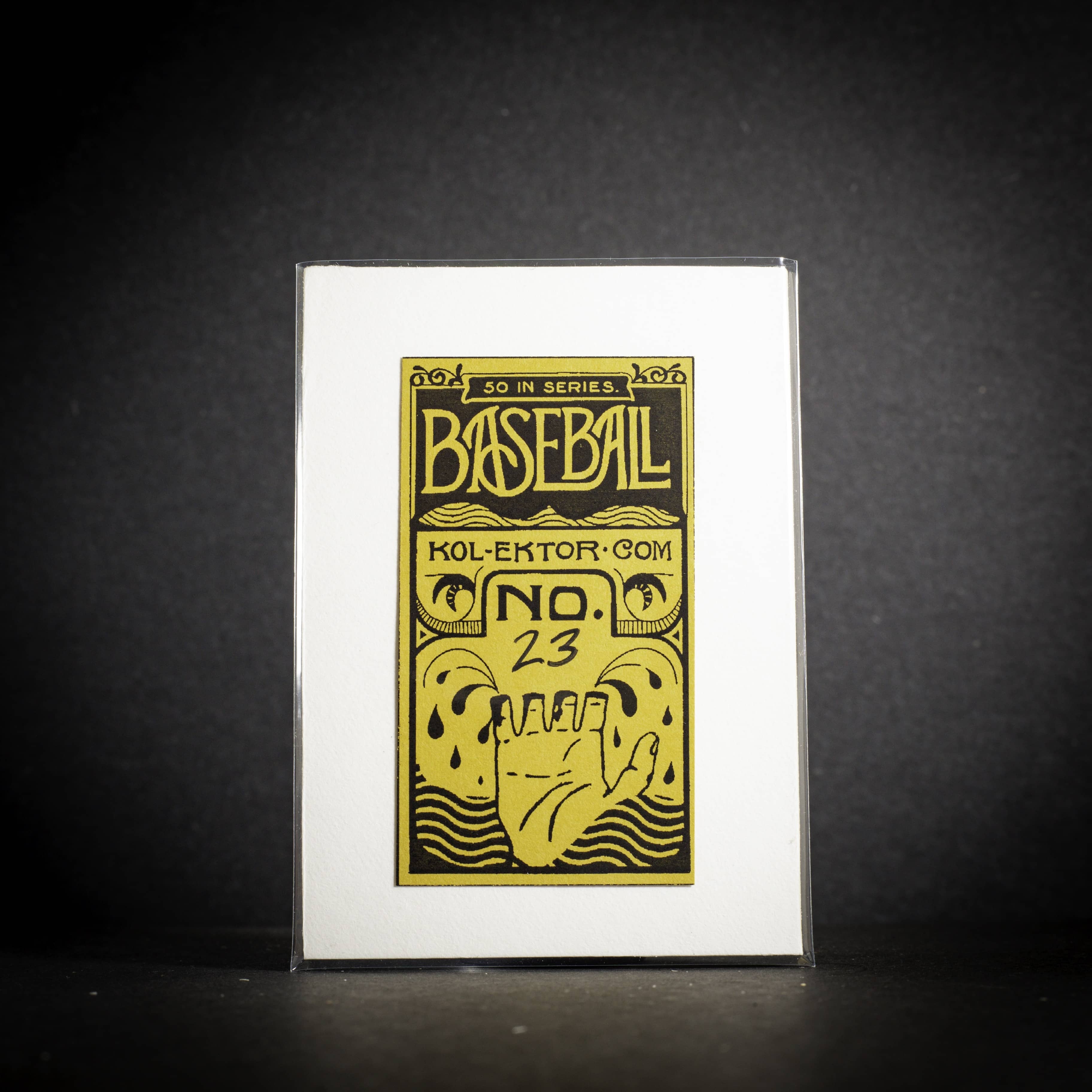 Baseball card with yellow text and graphics on a white background