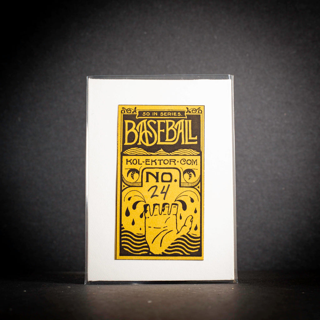 Baseball card with yellow text and graphics on a black background