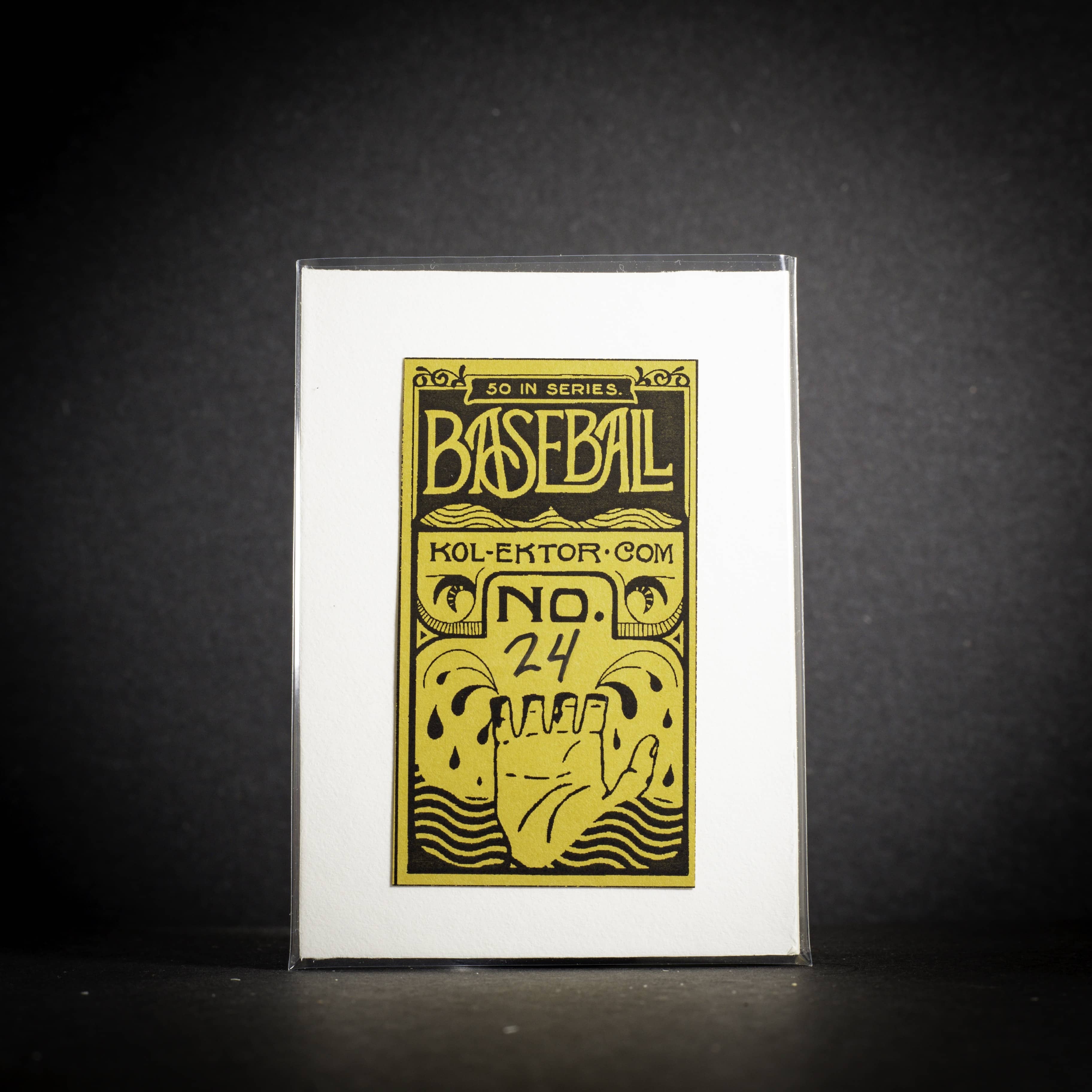 Baseball card with yellow text and graphics on a black background