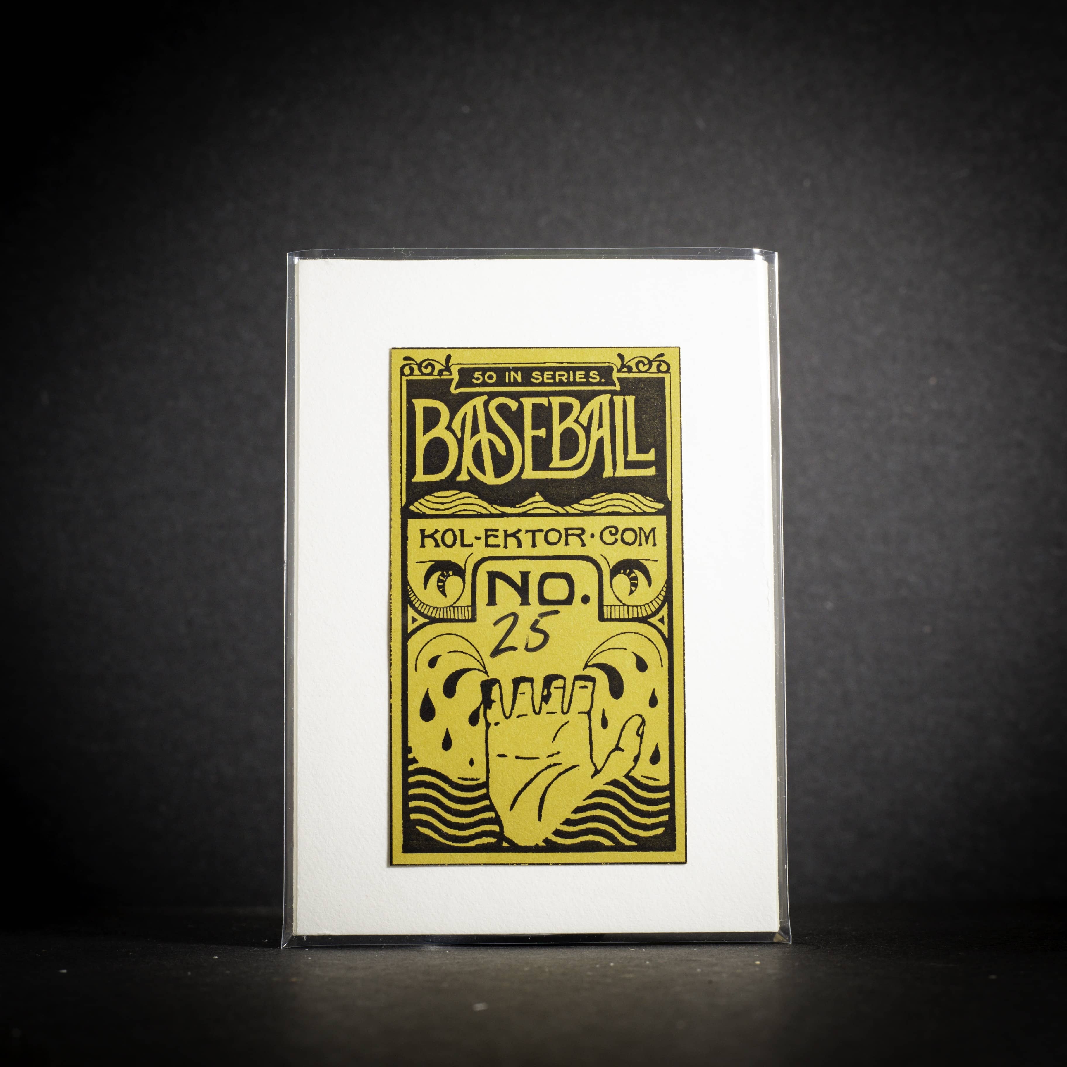Baseball-themed collectible card in a clear protective sleeve on a dark background