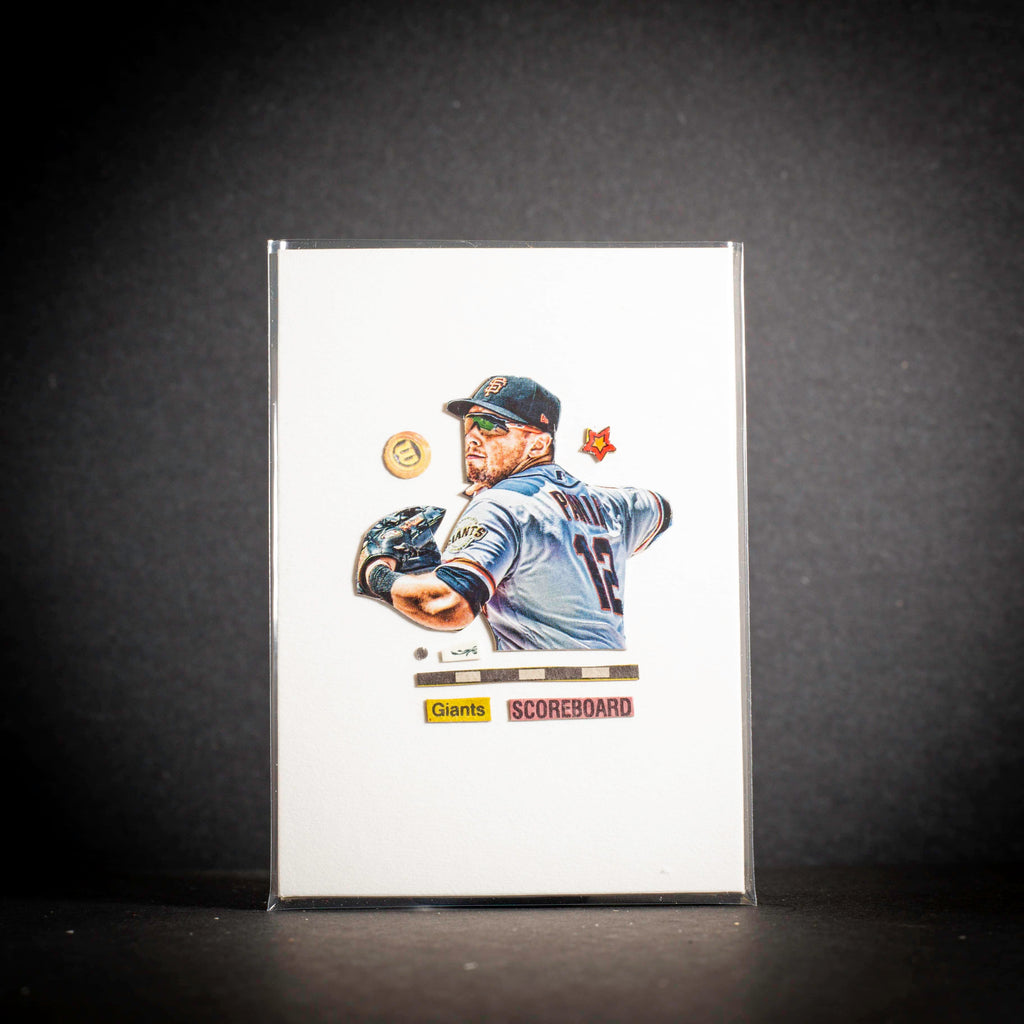 Baseball trading card of a player in a blue jersey with a dark background