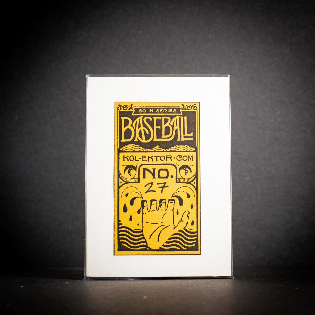 Baseball card with yellow text and graphics on a black background