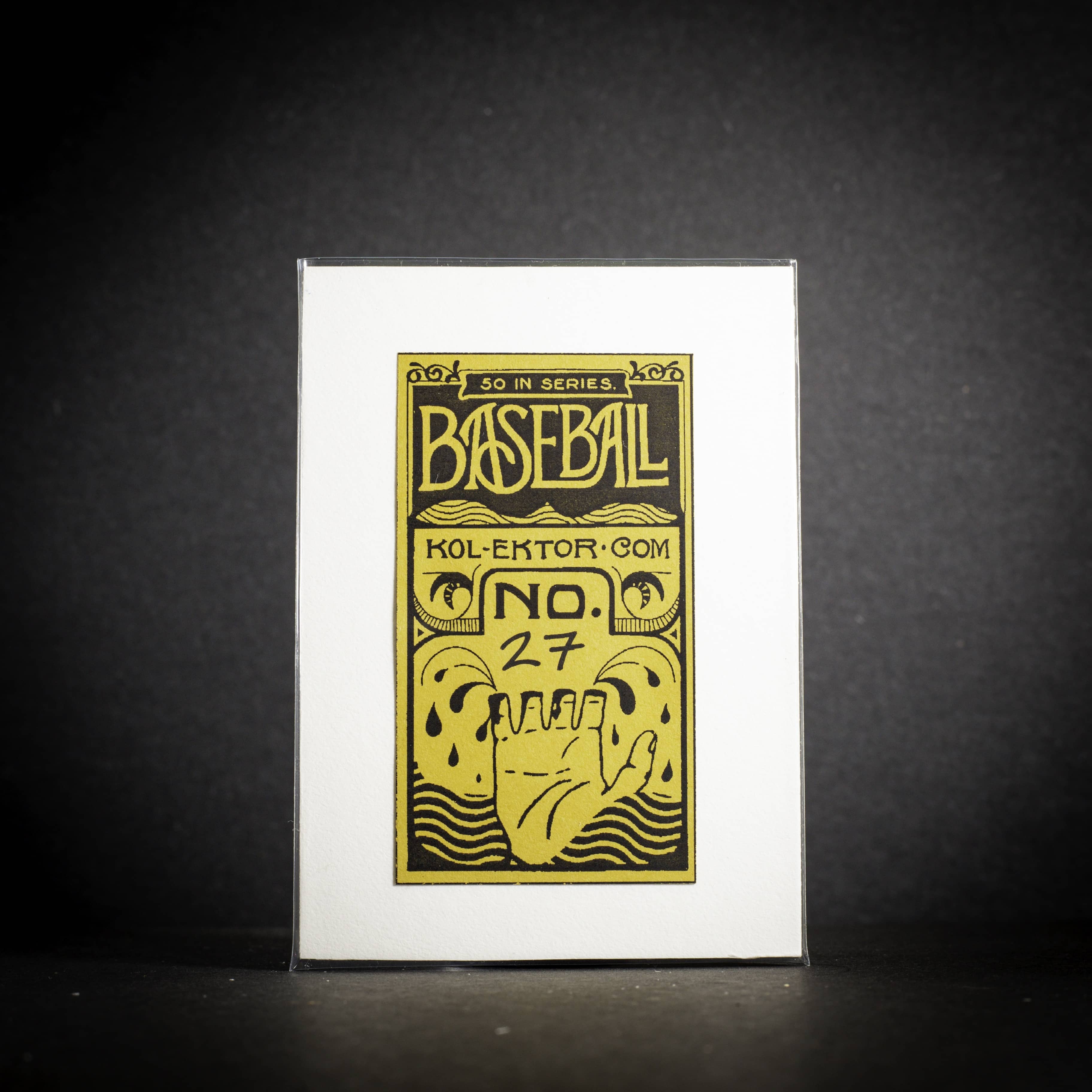 Baseball card with yellow text and graphics on a black background