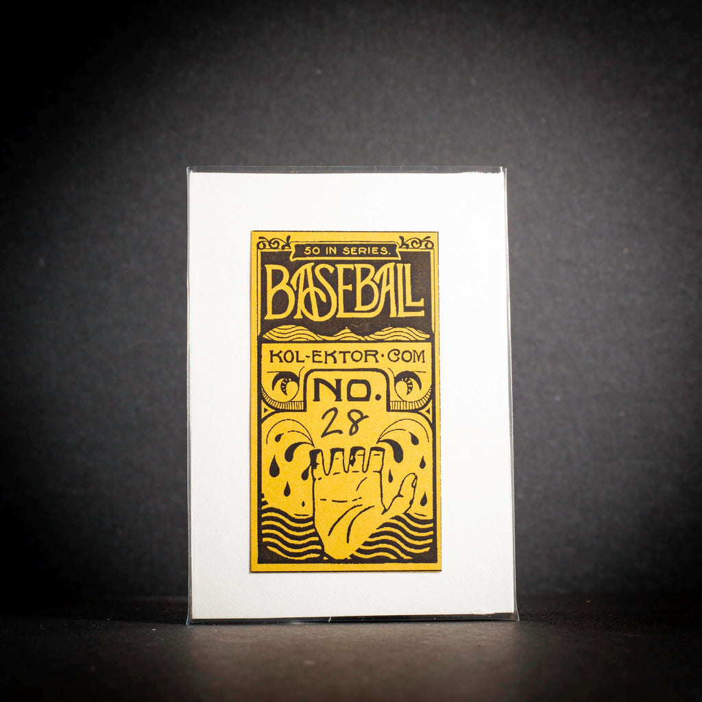 Baseball card with yellow text and graphics on a white background