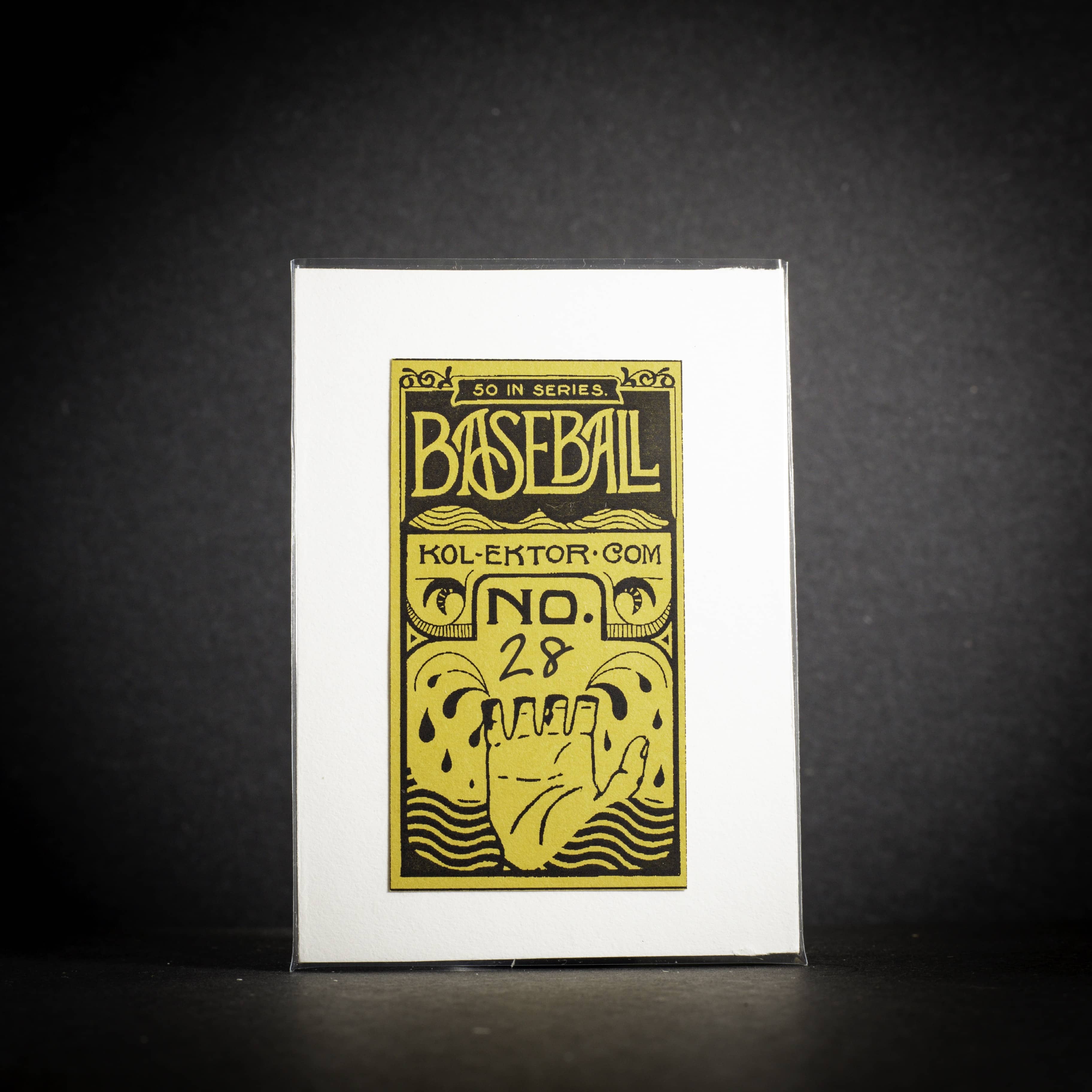 Baseball card with yellow text and graphics on a white background