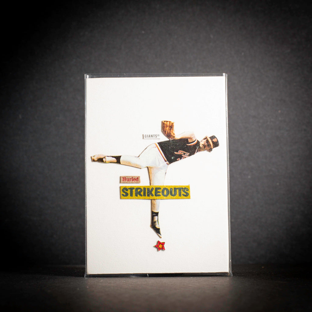 Card with a graphic of a person in a dynamic pose, wearing a 'Strikeouts' shirt, on a white background.