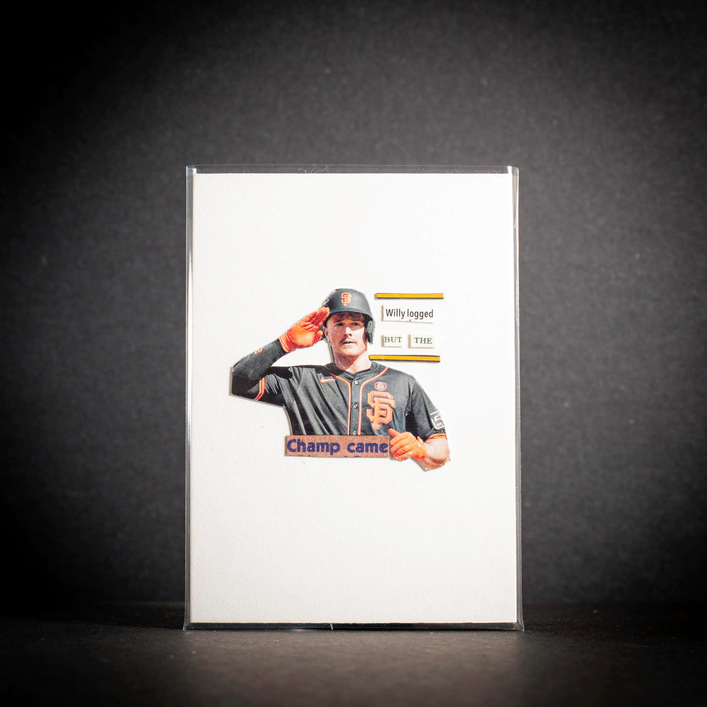 Baseball card of a player saluting on a white background with text