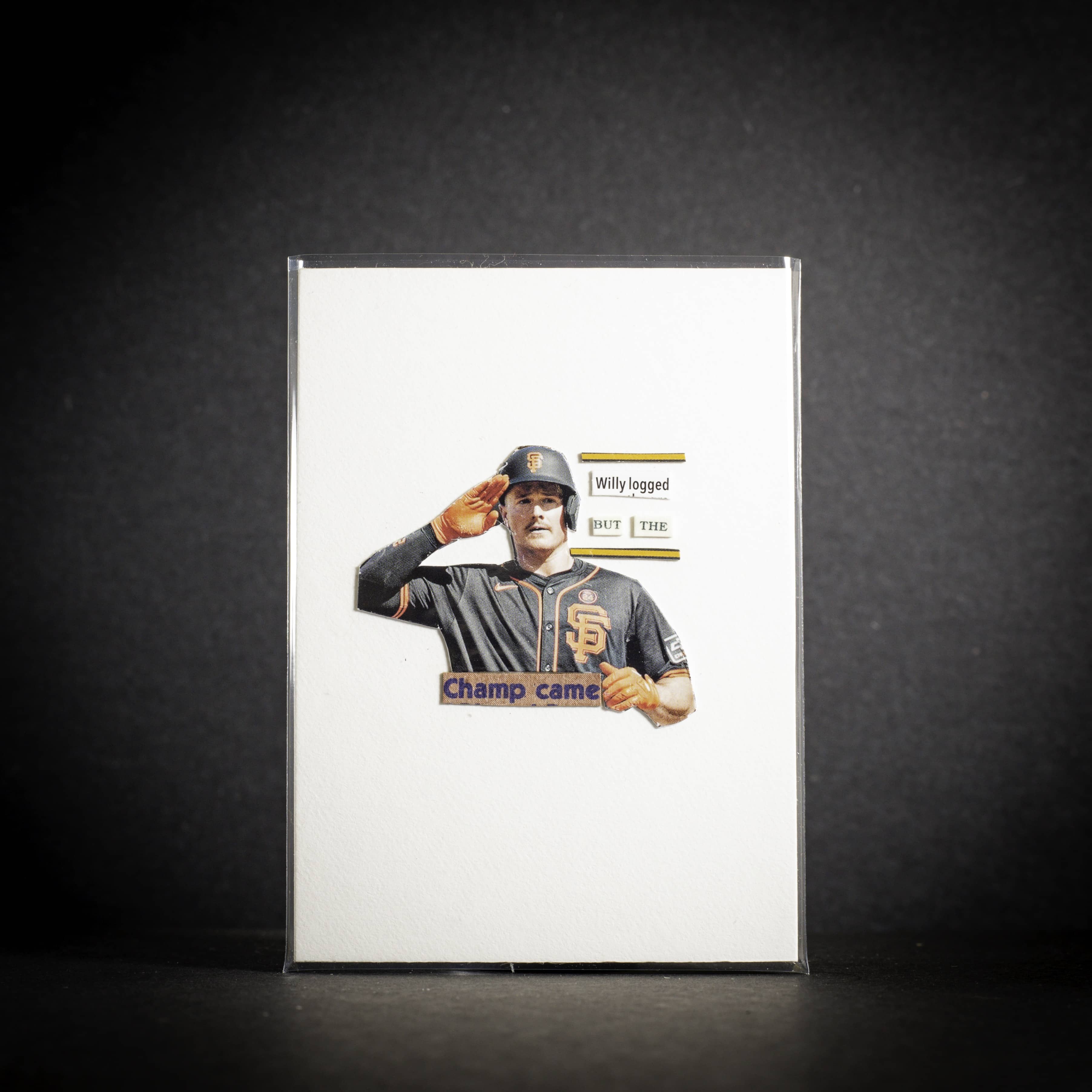 Baseball card of a player saluting on a white background with text