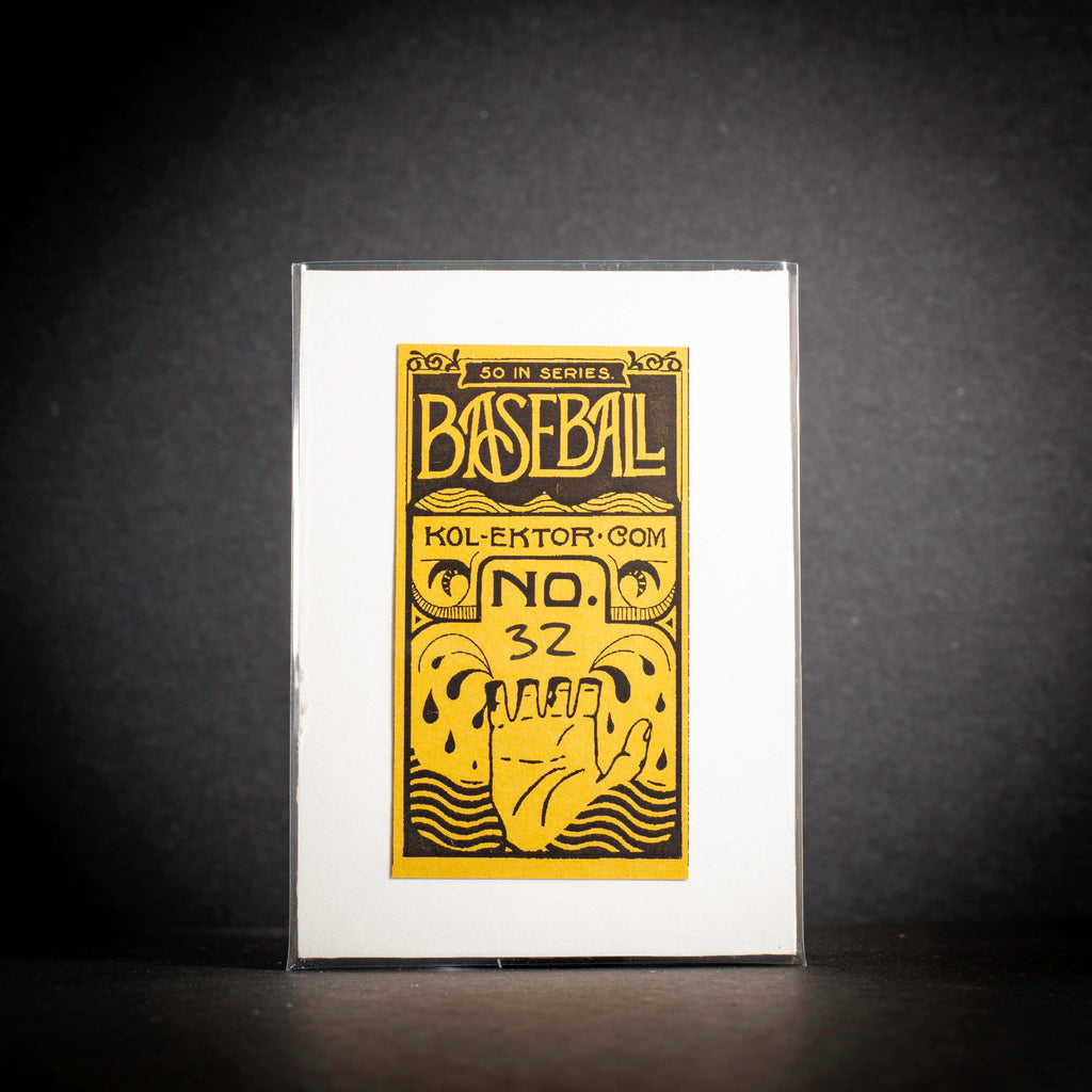 Baseball card with yellow text and design on a black background
